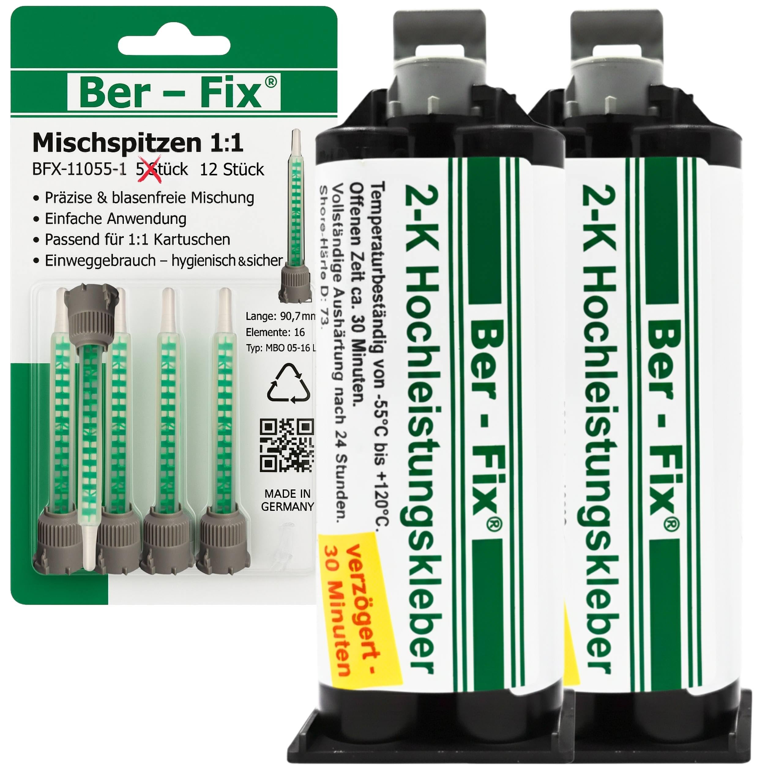 Ber-Fix Hochleistungskleber 2K MMA 30 Min 2x50g + 12 Düsen ohne Pistole | Hochleistungskleber 30 Min als 2x50g-Kartusche; passende Dosierpistole erforderlich, aber nicht enthalten.