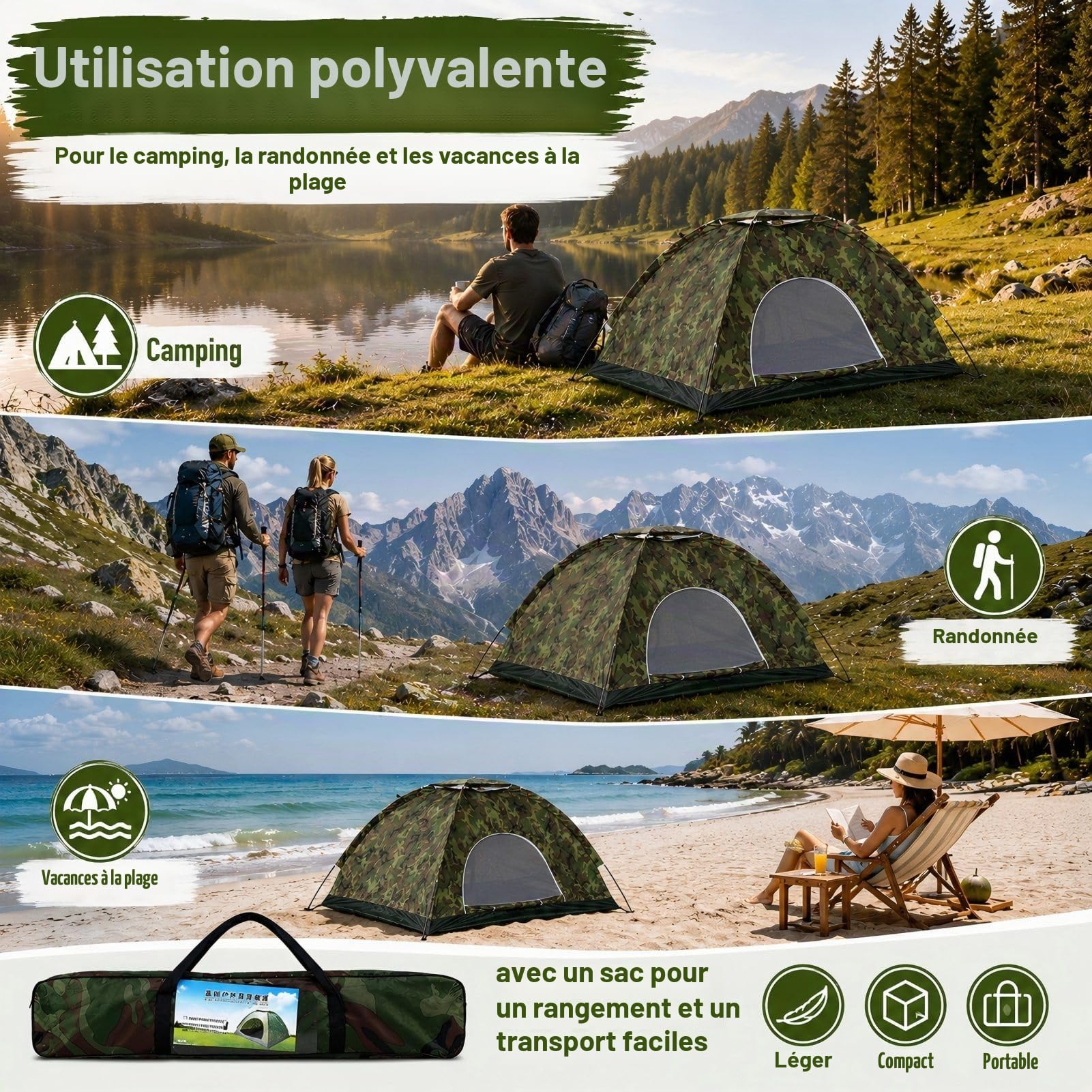 Tente de Camouflage pour 2 Personnes Camping en Plein Air Tente étanche pour Se Reposer en Profitant de la Fraîcheur Instantanée Tente de Camping Abris Solaires Équipement et équipement de Survie