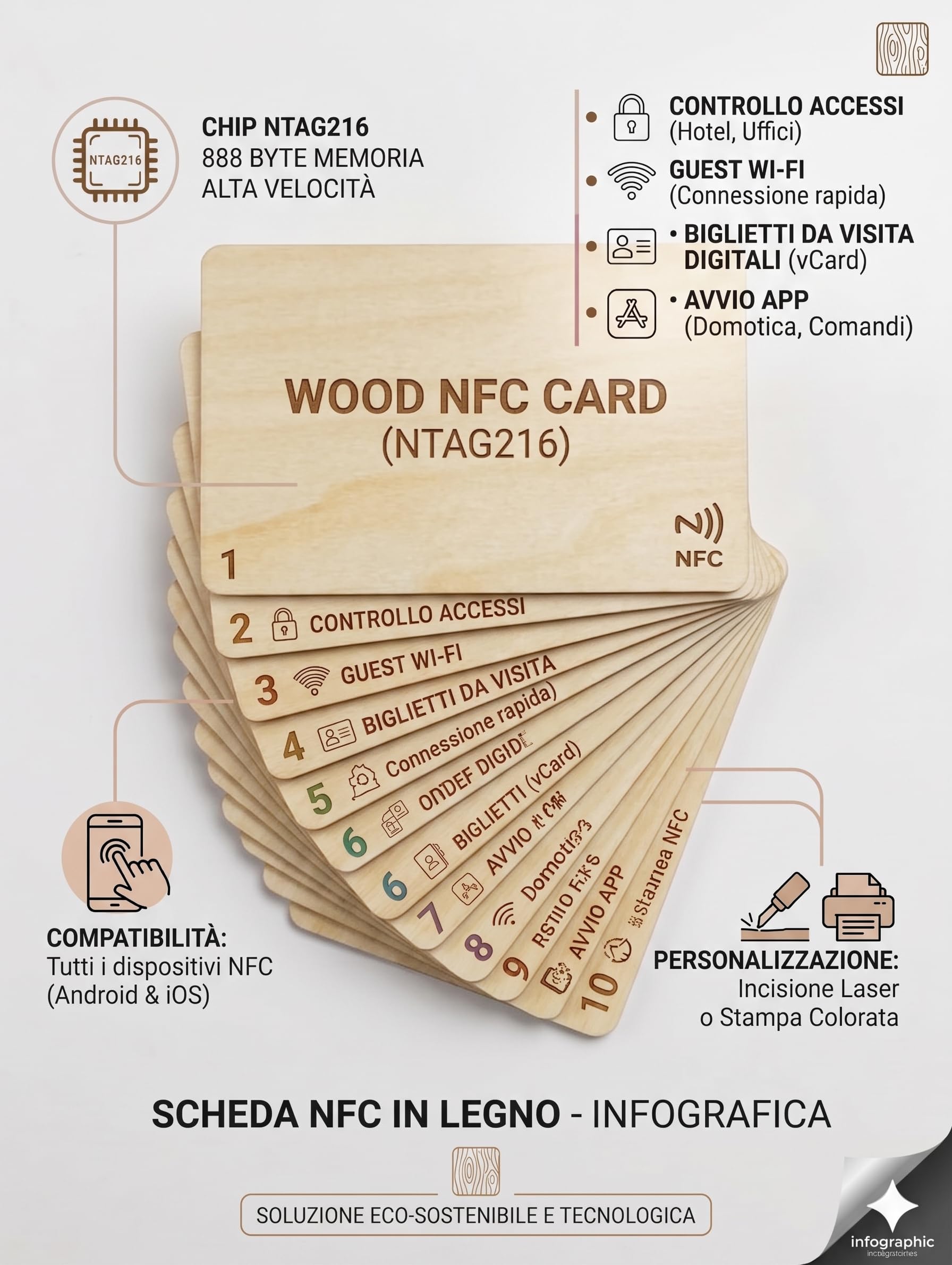 10 Pièces NTAG216 Cartes NFC Bois Tilleul ISO Progammables Hôtel