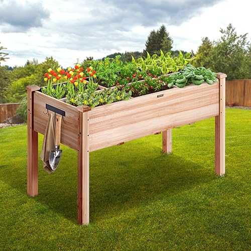 Miniatura 9 de VEVOR Cama de jardín elevada de 48 x 24 x 30 pulgadas con patas resistentes, maceta de madera de abeto natural de alta gama, soporte elevado para