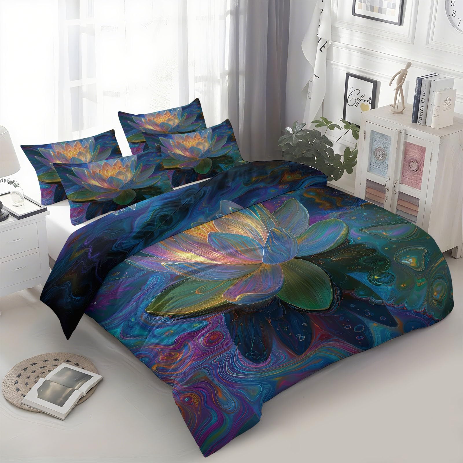 Zestaw pościeli w rozmiarze Super King Size 260 x 220 cm, 3-częściowy abstrakcyjny zestaw pościeli z lotosu, kwiatowy wzór, miękka, przytulna, szczotkowana mikrofibra, z 2 poszewkami na poduszkę