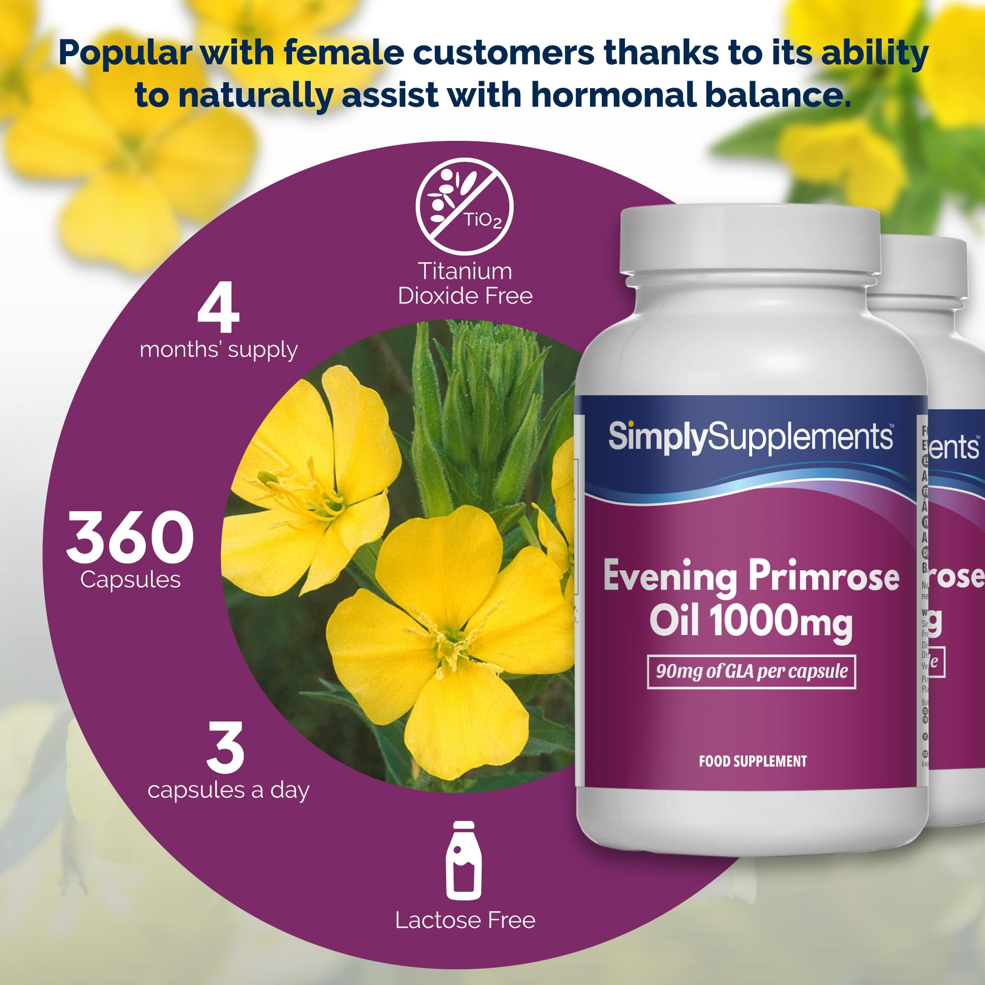 Cápsulas de aceite de onagra 1000 mg | Ayuda al equilibrio hormonal y a una piel sana | Con vitaminas B6 y E añadidas | 360 cápsulas softgel = 4 meses de suministro | Fabricado en el Reino Unido