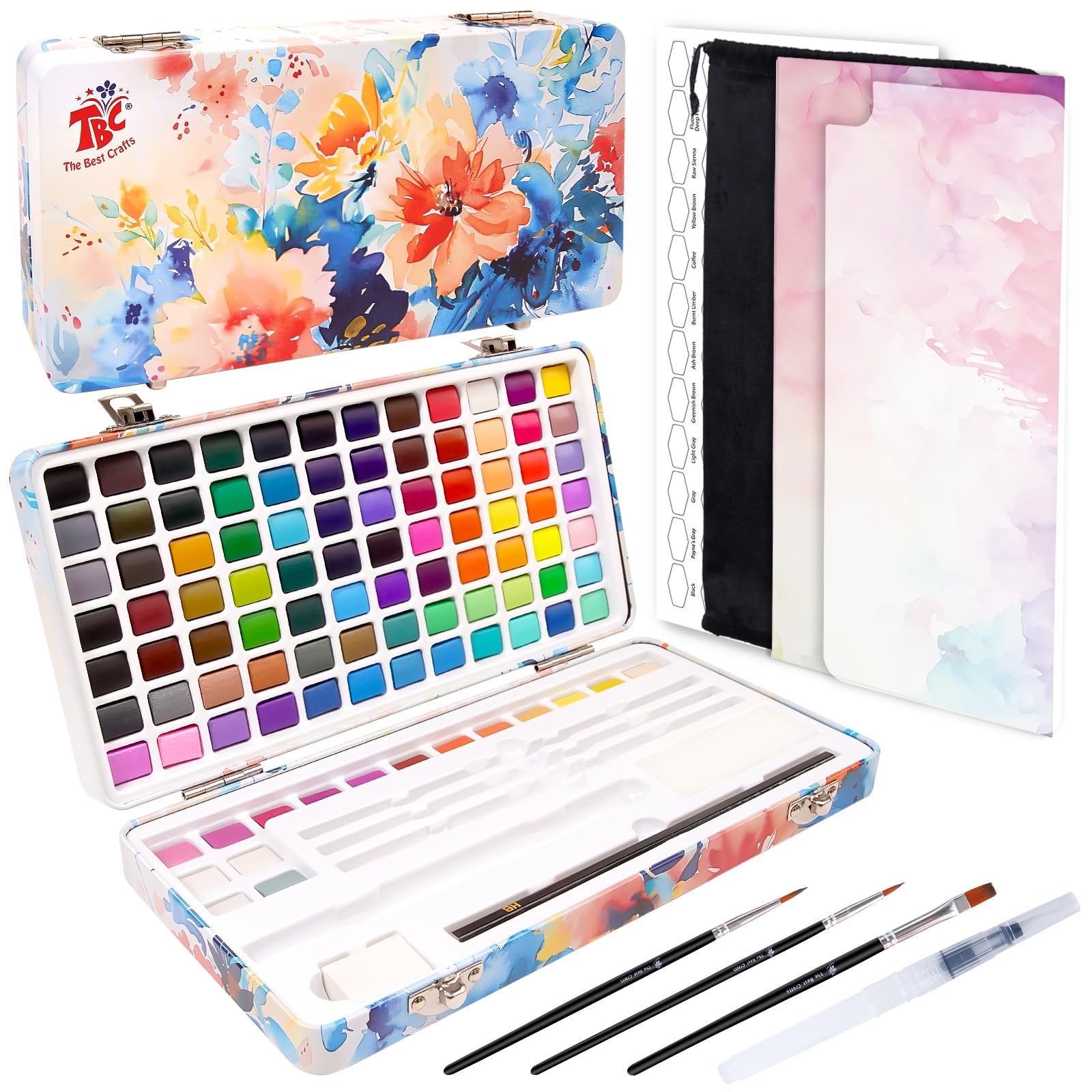 TBC Acuarelas 100 Colores en Caja Portátil, 36 Metálicos 7 Fluorescentes, Set de Pintura Acuarela con Papel de Acuarela, Pincel y otras Herramientas de Dibujo para Artistas y Pintores Aficionados