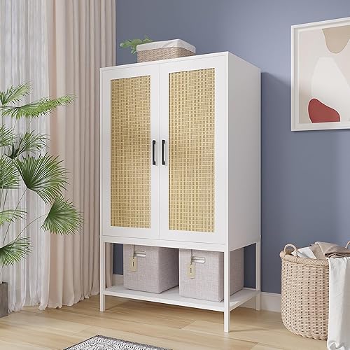 Miniatura 10 de Gyger Armario con 2 puertas, armario de ratán para dormitorio con barra para colgar, armario independiente de madera con estantes, color negro