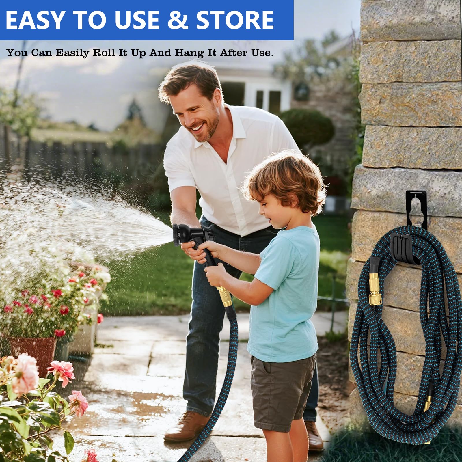 Tubo flessibile da giardino espandibile da 30 m, con ugello spray a 8 funzioni, 3 tubi flessibili espandibili durevoli con connettori in ottone anti-perdite da 3/4" 1/2" per giardinaggio, prato