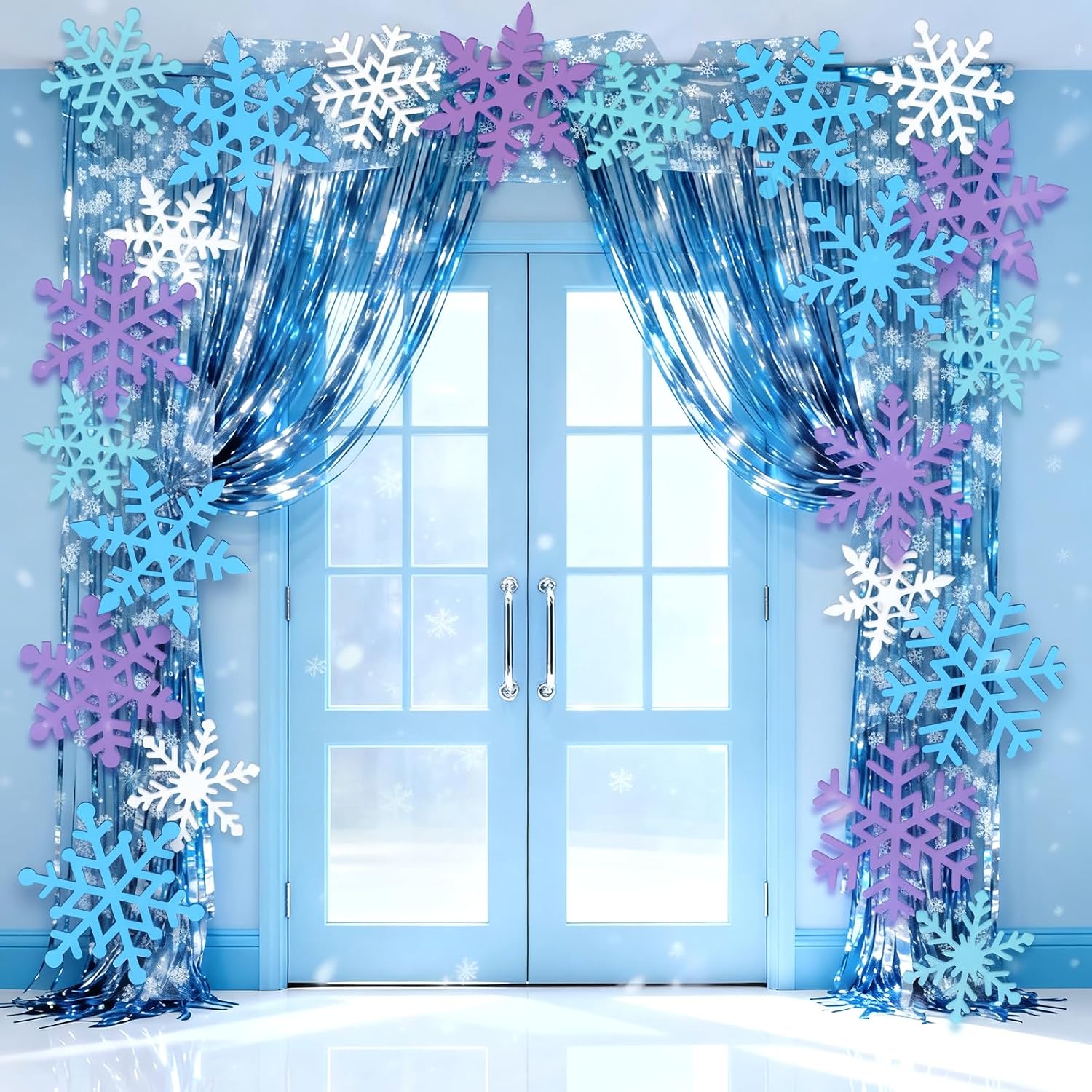 Hahafelt 27 Pcs Winter Snow Entryway Door Decor Wonderland Party Door Decoration Ice Snow Themed Decoration Snowflake Cutouts Blue Streamers Mesh for Birthday Celebration Supplies (Lake Blue)