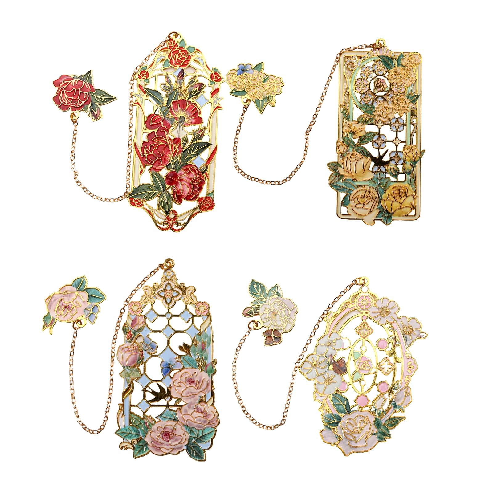 Rose Metal Bookmarks Set, 4 PCS Elegant Floral Book Markers with Security Chains, Gift for Women Readers & Book Lovers (Red/White/Pink/Yellow)