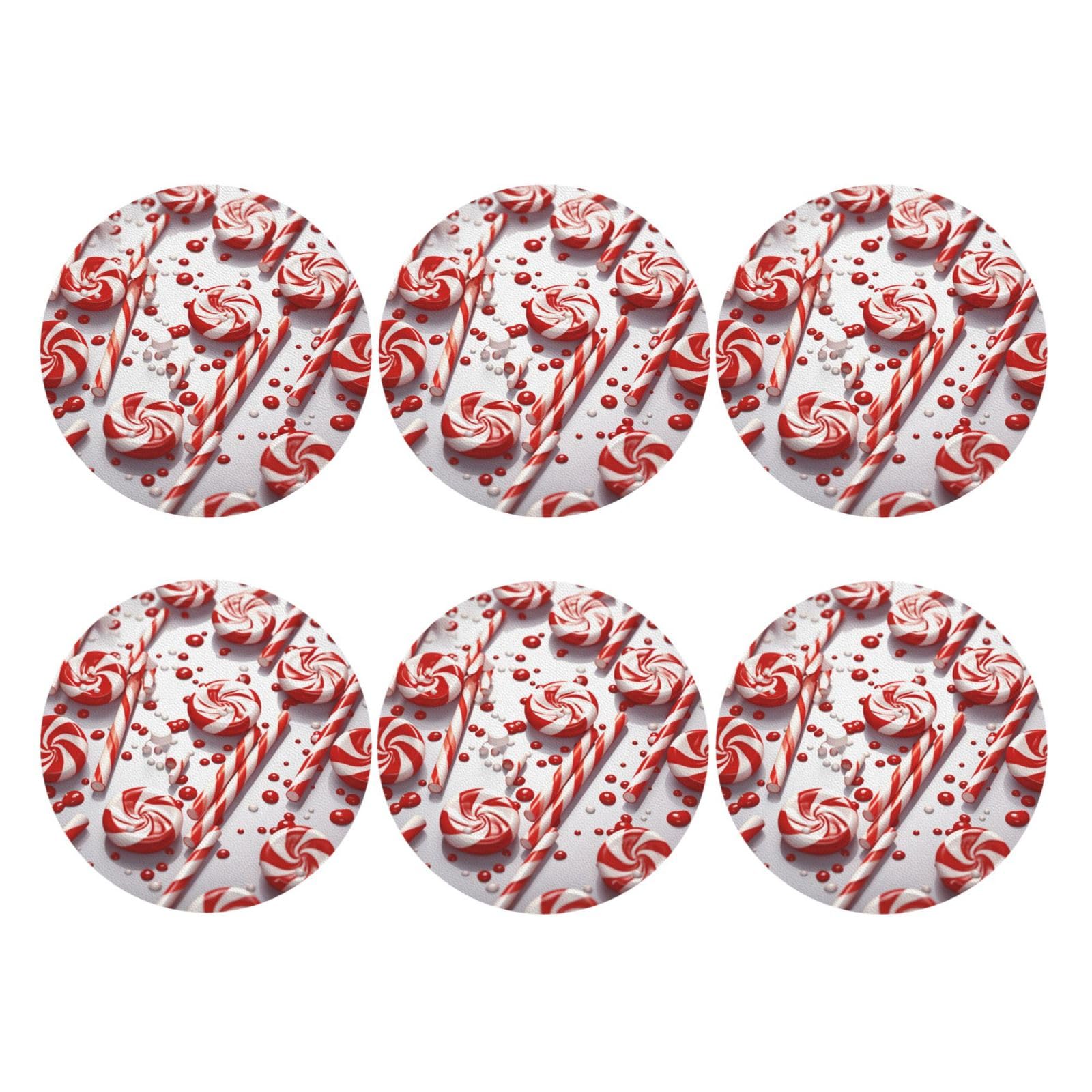 6Pcs PU Leather Coaster for Drinks, Candy Cane Cup Coastersr 4" Cup Mat Pad, Aesthetic Drink Coasters for Coffee Table, Round Shape Coaster for Tabletop Protection