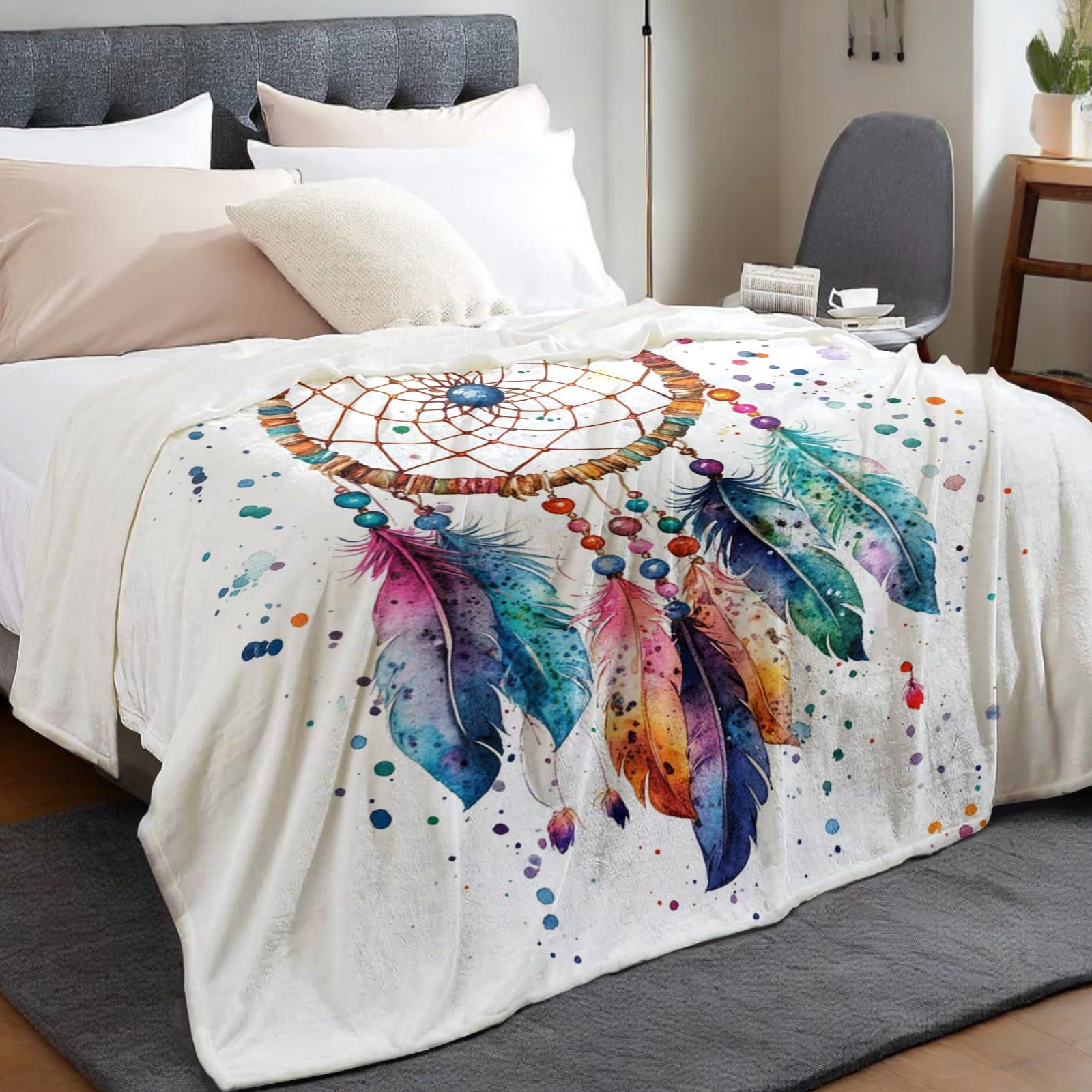 Kuscheldecke 200 x 220 cm Aquarell-Traumfänger Flauschige Fleecedecke Weiche Sofadecke Couchdecke Atmungsaktive Wohndecke für Sofa und Bett