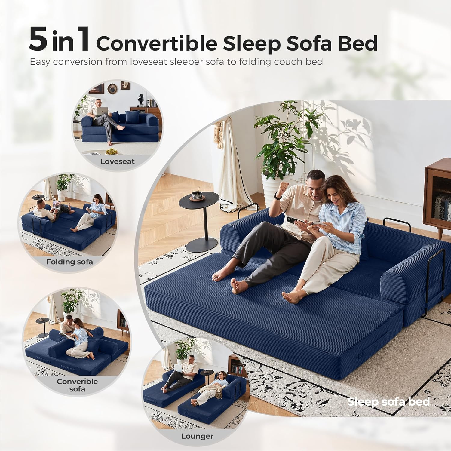 ​5-in-1 Convertible Sofa Bed | 79" Modular Sleeper with Fixed Frame & No Assembly | Boneless Compression & Pull Out Bed | Corduroy with High-Resilience Foam for Small Spaces, Apartments​ (Navy Blue)