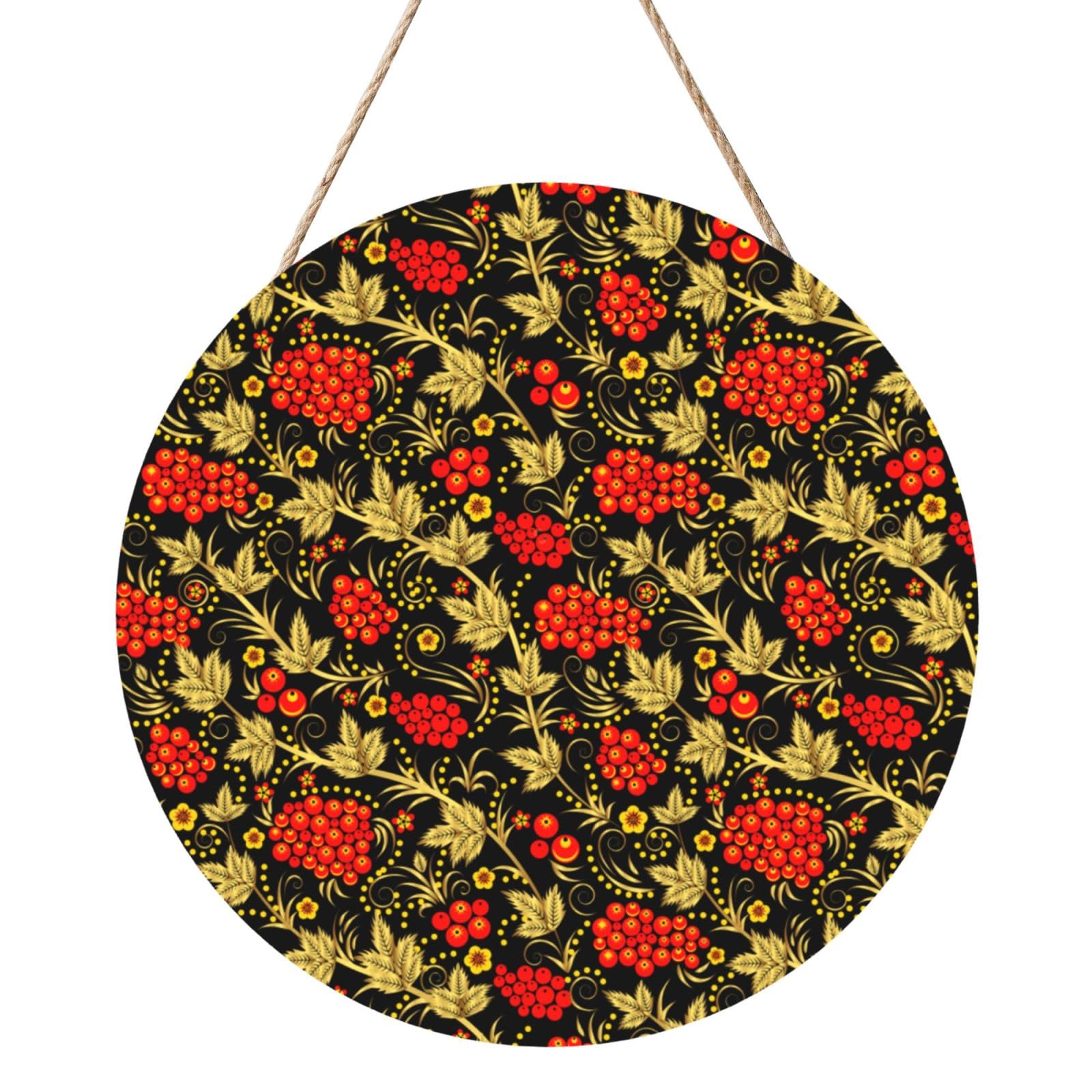 InOmak Traditional Russian Cranberry, Round Wood Panel Painting 12 in, Wall Hanging Painting For Home