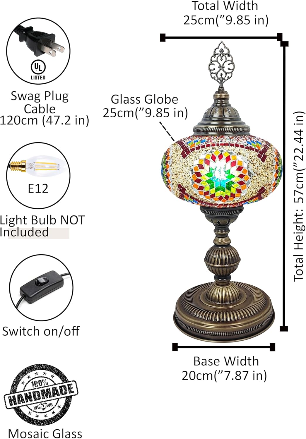 Angora Roma Table Lamp - Multicolor | 100% Handmade in Turkey, Mosaic Glass, Turkish Moroccan Lamps for Indoor Living Room | 22.44 Inches Tall