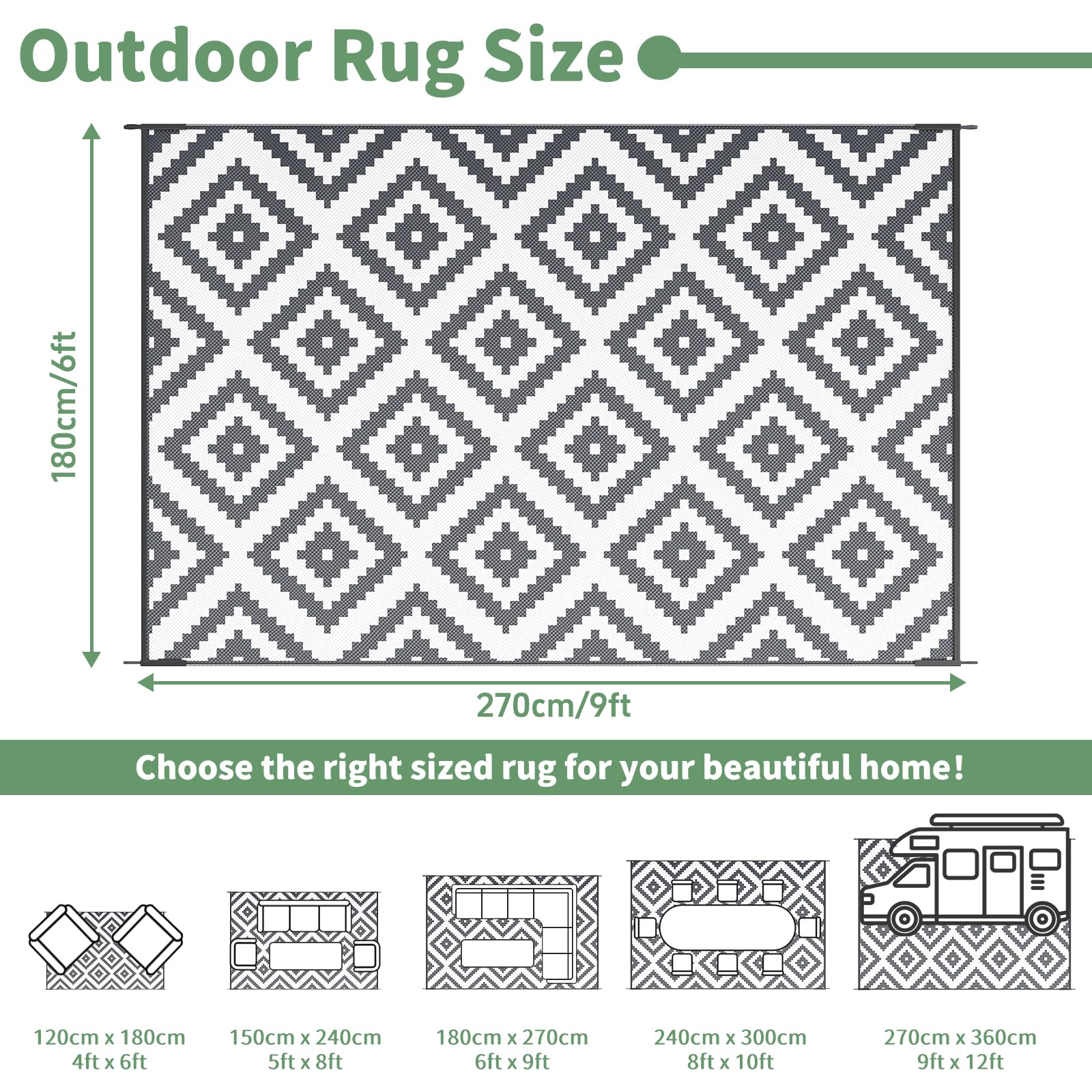 Tappeto da Esterno 6x9' Resistente all'Acqua Plastica Reversibile Pieghevole per Patio Giardino