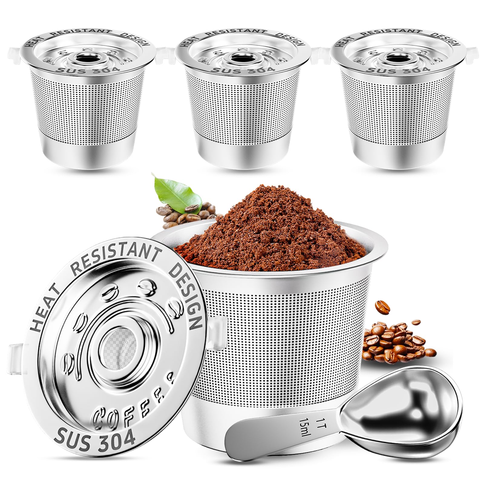 NESSUS Kcups reutilizables de acero inoxidable para Keurig 1.0, cápsulas de metal para keurig, cápsulas recargables con asas resistentes al calor y cuchara de café, sin BPA, paquete de 4