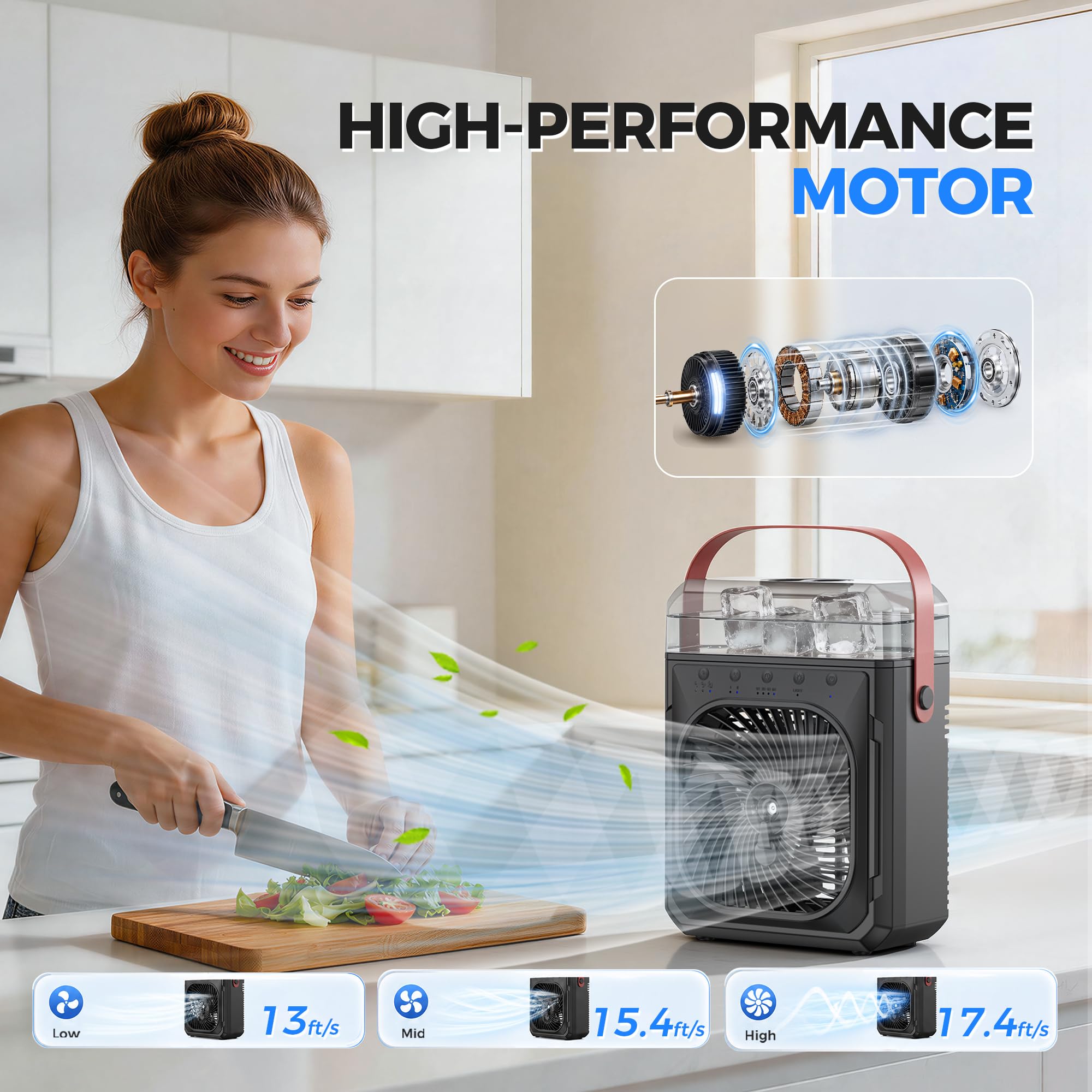 Ventilador de nebulización recargable portátil, máximo 40 horas de funcionamiento, ventilador de aire acondicionado de refrigeración de escritorio de caída de -15.0 °C, ventilador de niebla de agua y