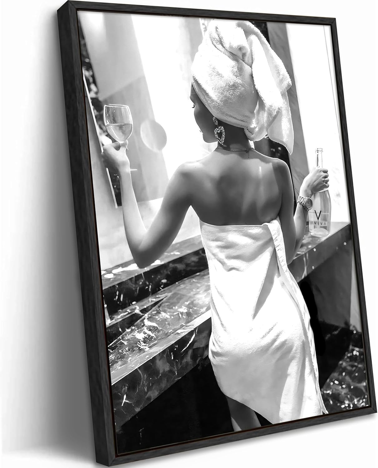 Framed Black and White Bathroom Canvas Wall Art, Bath Towel Woman with Wine Painting Picture Wall Decor, Luxury Modern Feminist Poster Print Artwork for Women Dorm, Washroom, Home Decoration 12x16in