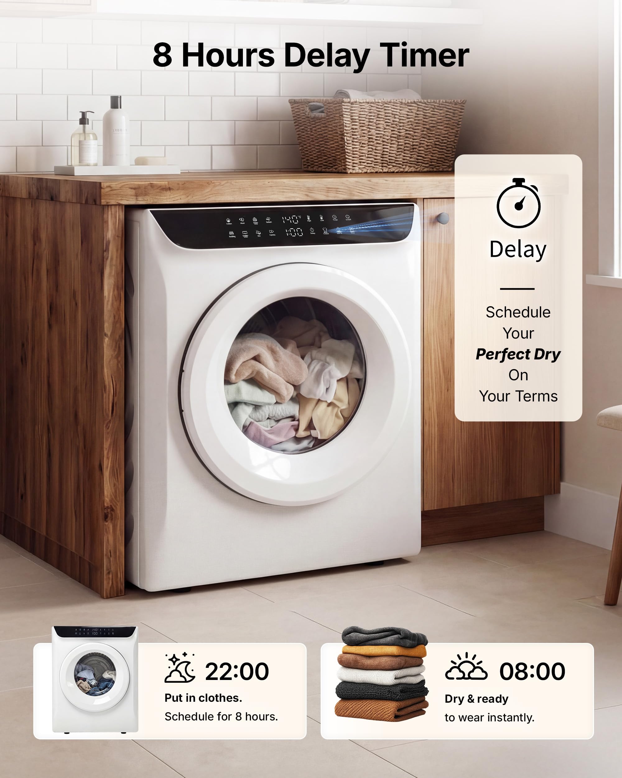 3.5 Cu.Ft Portable Dryer for Clothes, 8 Drying Programs, 1400W Clothes Dryer with LED Control Panel, 120V Dryer, Delay Timer, Anti-Crease, Portable Dryers for Laundry, Apartment, Dorms, Home - 5