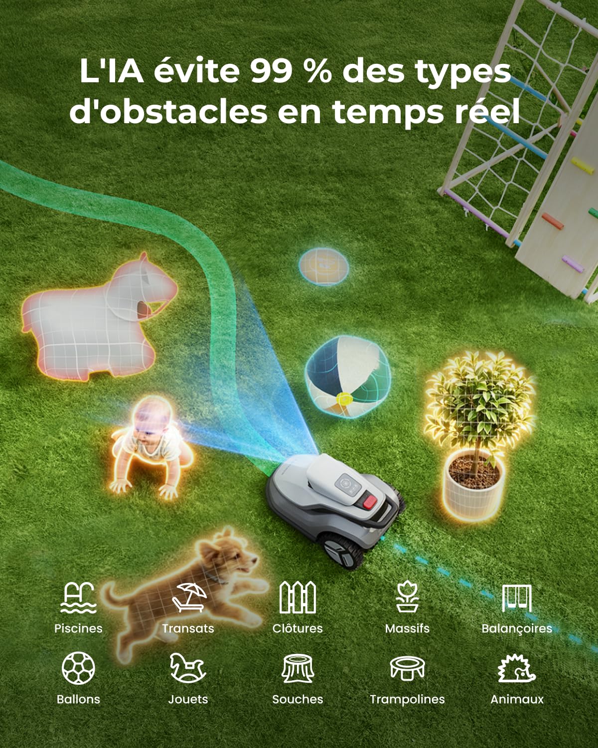 TerraMow V600 Robot Tondeuse avec Garage, Technologie Tri-AI Vision, sans Fil Périphérique ni RTK, Cartographie Automatique, jusqu'à 600㎡, Navigation Visuelle, Évitement d'Obstacles IA