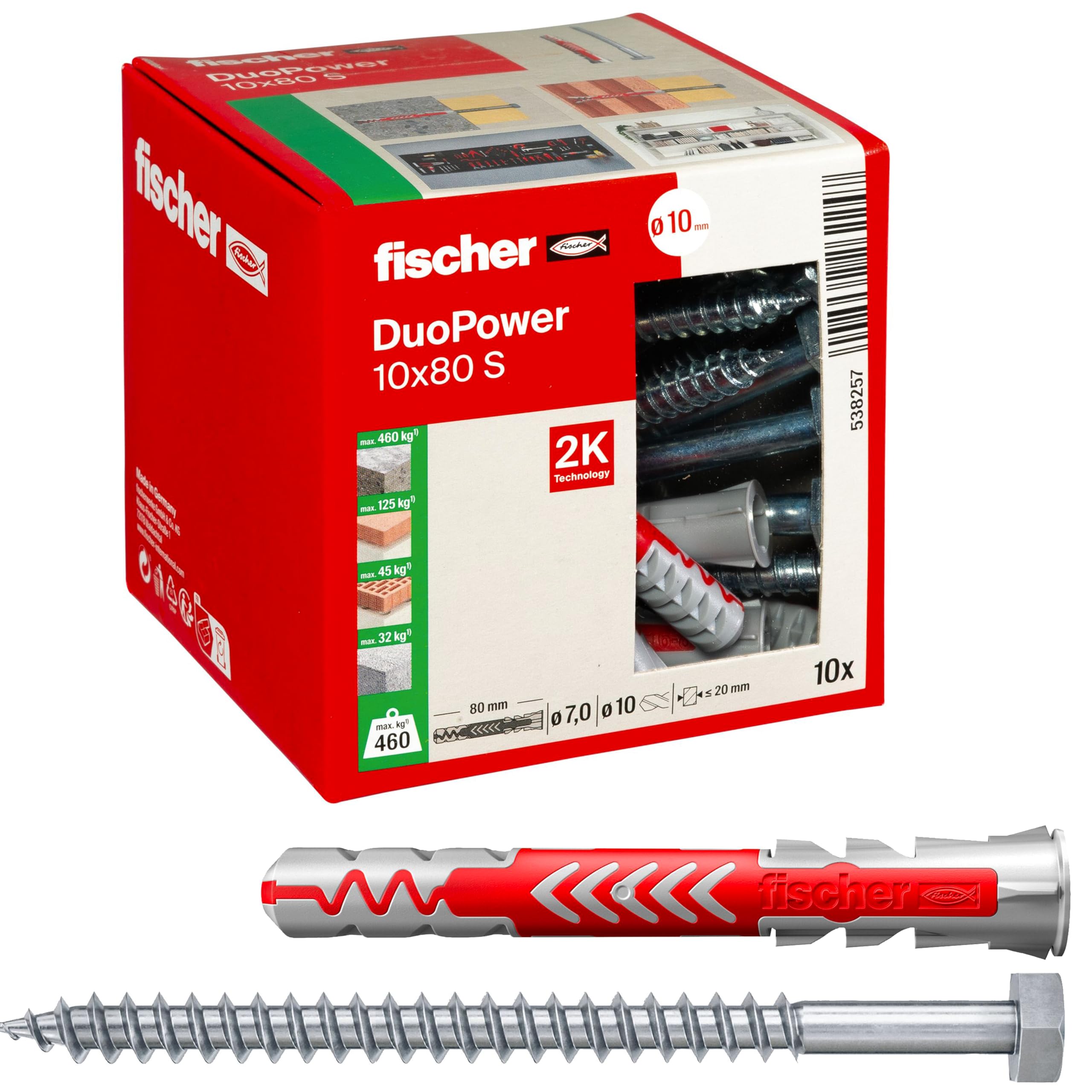 Fischer Duopower Tasselli Lunghi 10x80 mm con Vite Universali per Fissaggio Mensole Pensili Staffe TV