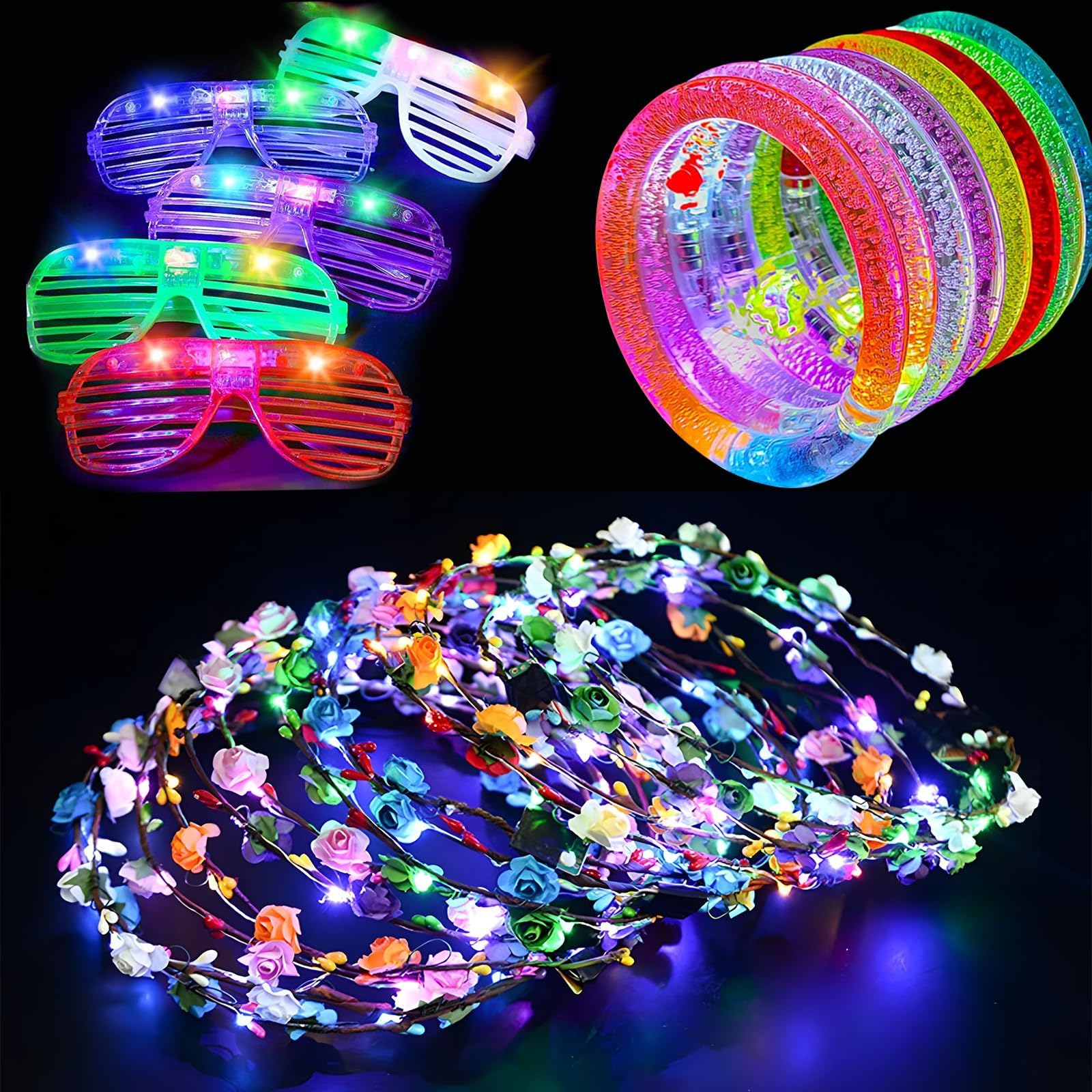 Defresit 32 Pcs Glow in the Dark Party Supplies, Glow Sticks Bulk Party Pack ,8 PCS LED Flower Crowns, 8 Pack Party Flashing Glasses,16PCS LED Bracelets Set for Christmas, Halloween