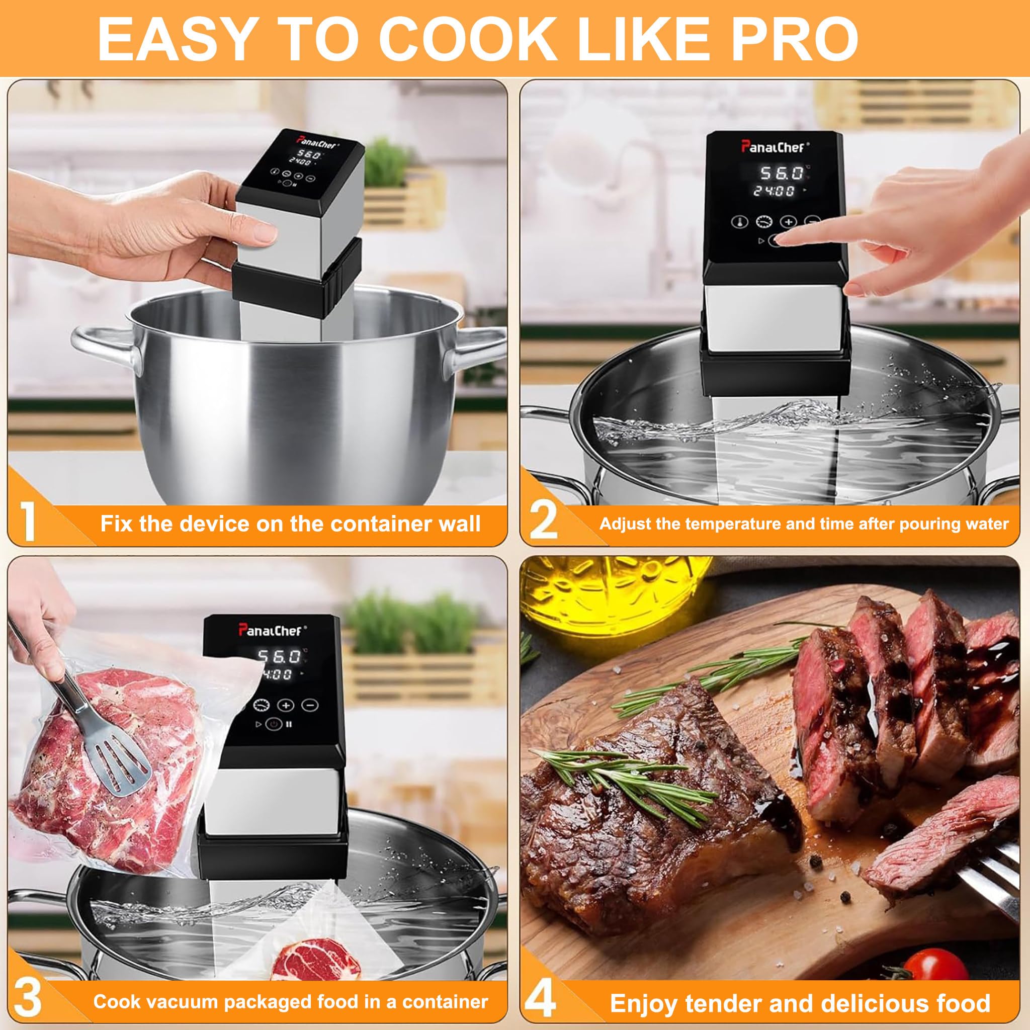 Sous Vide, 1600W Aparato de Cocina Precisión Cocina Baja Temperatura, LCD táctil, Temporizador, Cocinero Circulador, Máquina de Cocción al Vacío de Acero Inoxidable