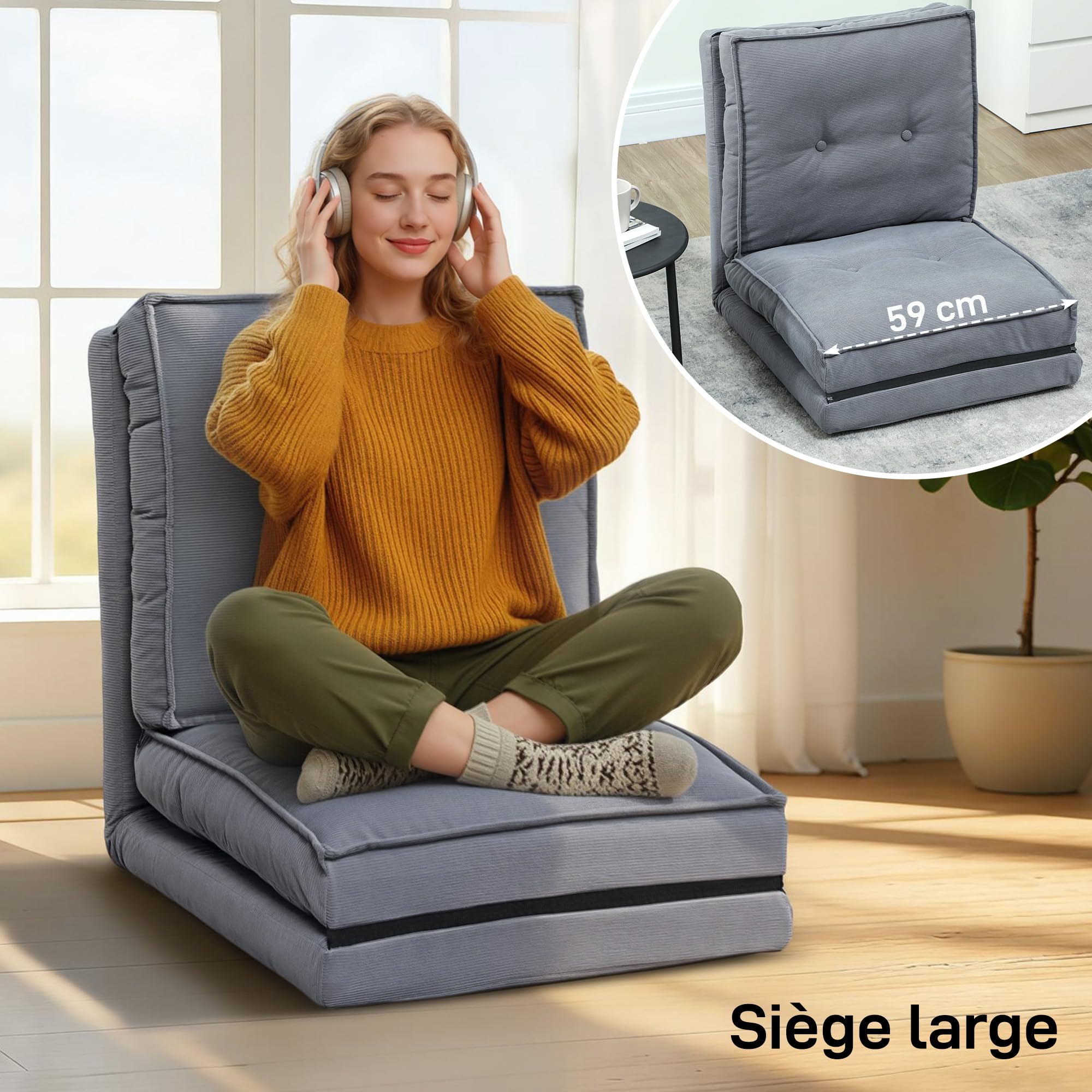 HOMCOM Sillón plegable de pana con colchón suave, respaldo ajustable en 5 posiciones, sofá cama acolchado para salón, oficina, dormitorio, 59 x 230 x 15 cm, color gris
