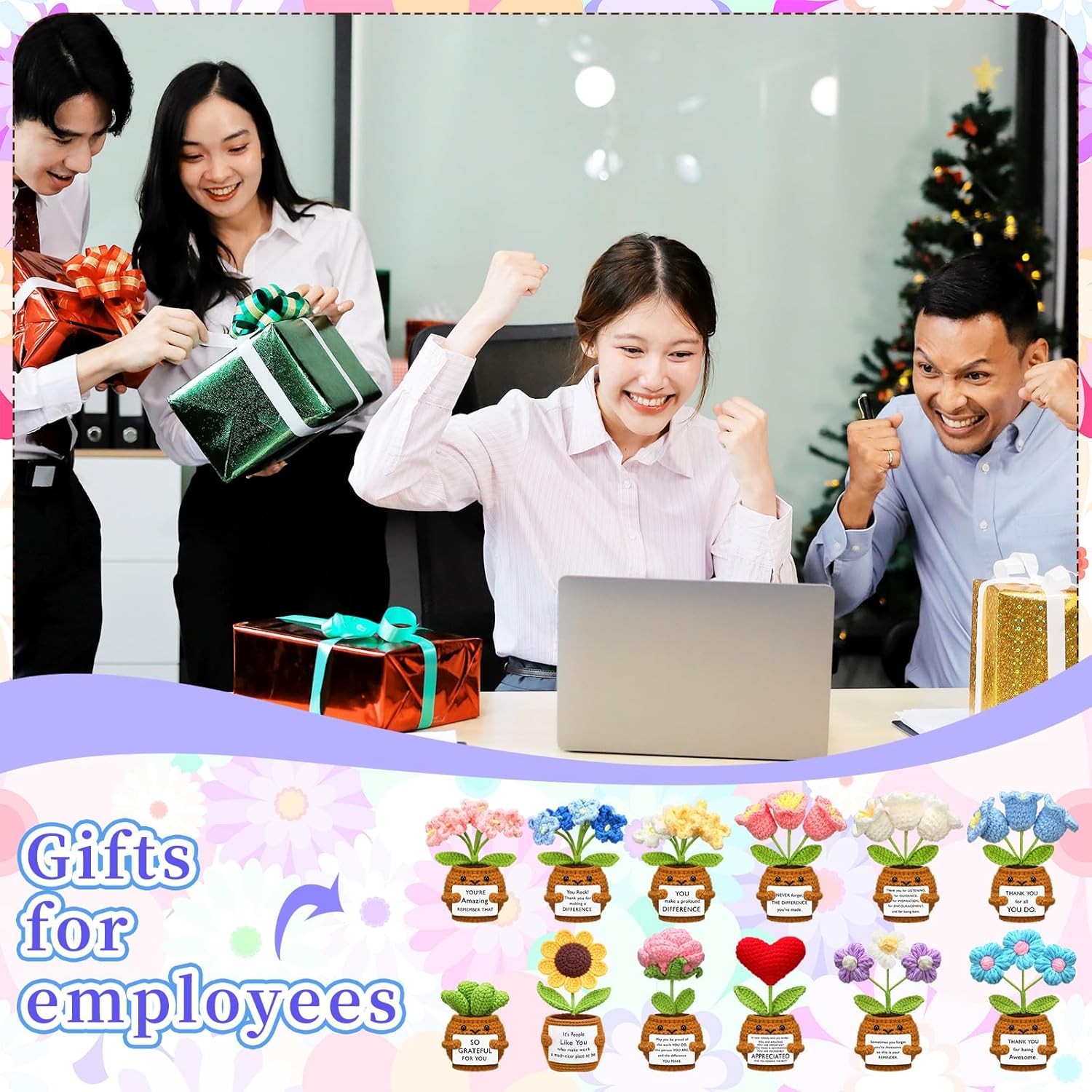 Wavwavw 12 Pcs Employee Appreciation Gifts Bulk, Christmas Xmas Gifts for Coworkers, Thank You Handmade Crochet Doll with Positive Card for Coworker Office Staff Women Graduation(Appreciation Flower)