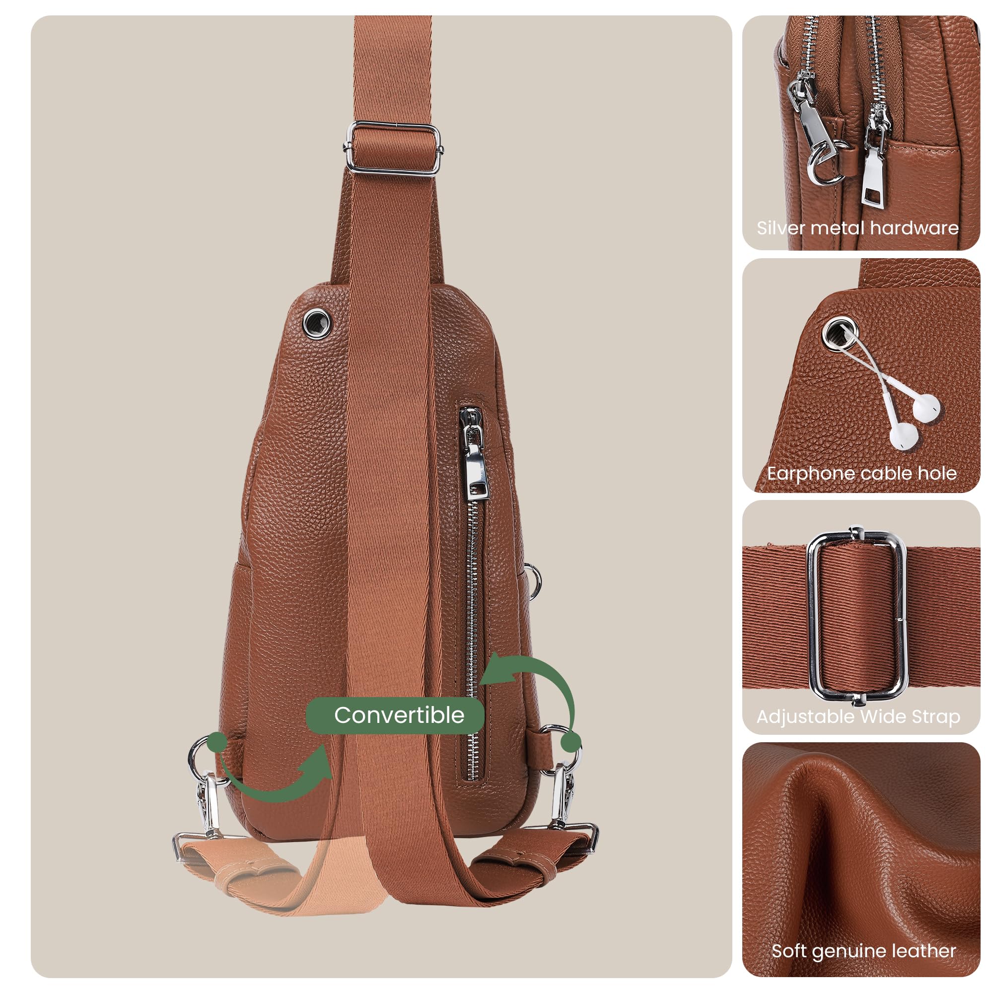 befen Bolso Riñonera Mujer Cuero Genuino, Mujer Bolsa de Pecho Mochila Antirrobo Sling Bolso Elegante Mochila Pecho Pequeña para Viaje Senderismo
