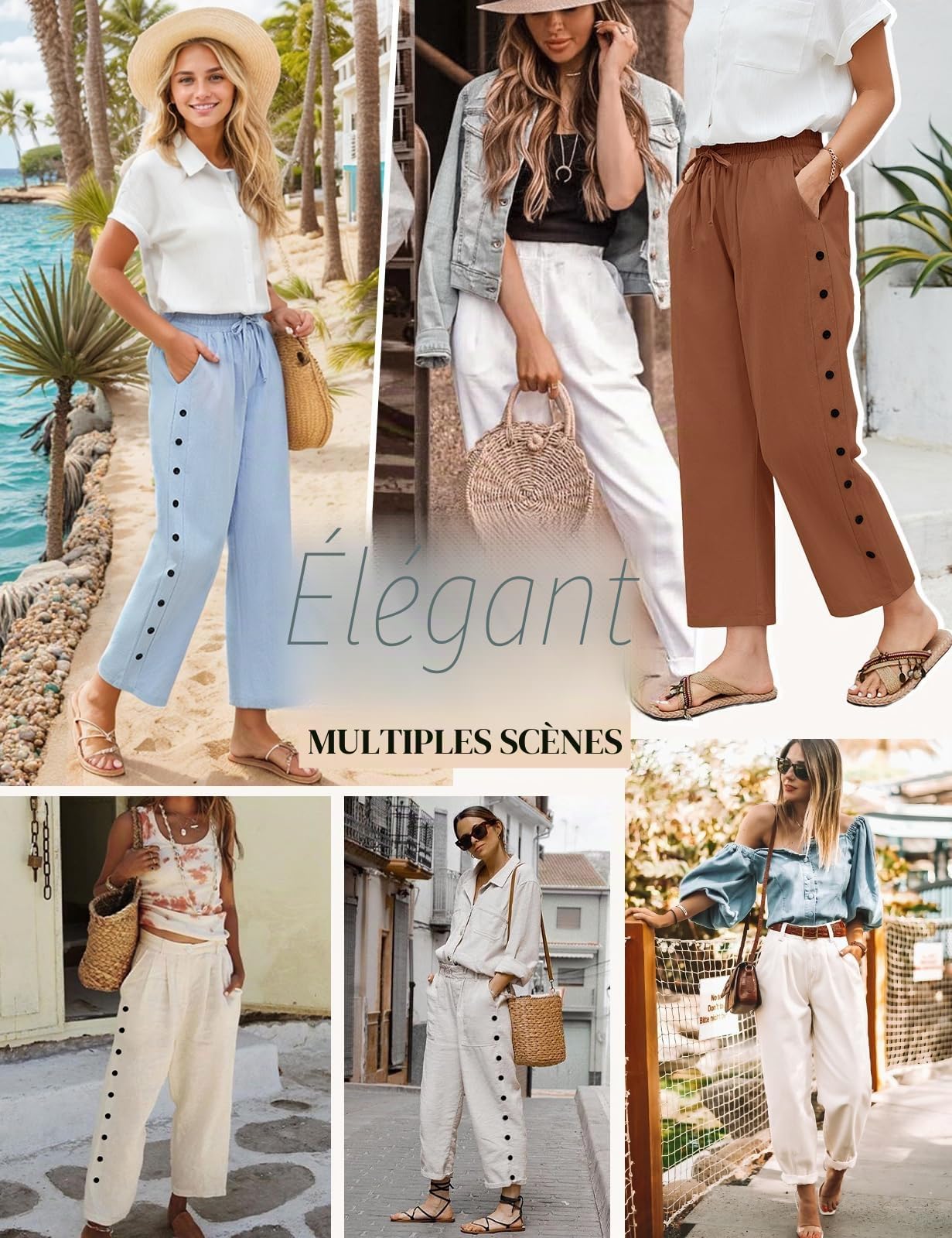 Yuson Girl Pantalon Femme Été Coton 7/8 Pantalons Taille Haute Elastique Décontractée Pantacourt à Boutons Décoratifs Léger Solide Couleur de Plage Large avec Poches