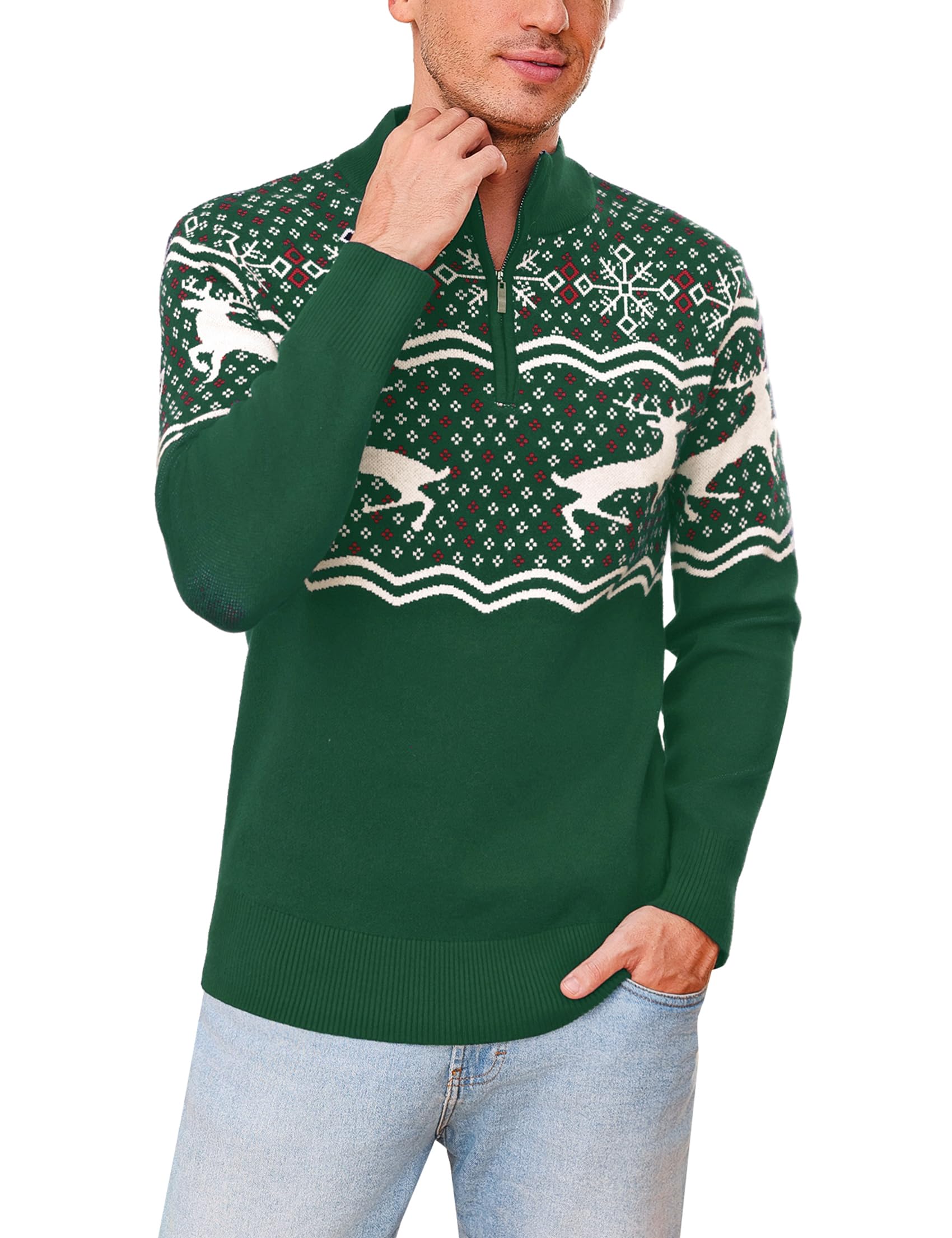 Jersey de Navidad para Hombre Invierno Cuello Alto con Media Cremallera Suéter de Navideñas Punto de Manga Larga S-3XL