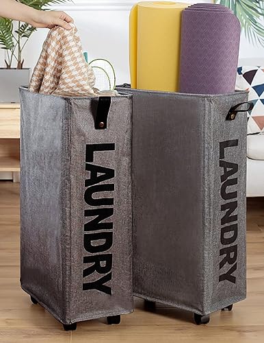 Miniatura 6 de MURRI&MURRDI Cesta grande para la ropa sucia con ruedas, 2 unidades, cesta de lavandería plegable, carrito de almacenamiento de ropa plegable,