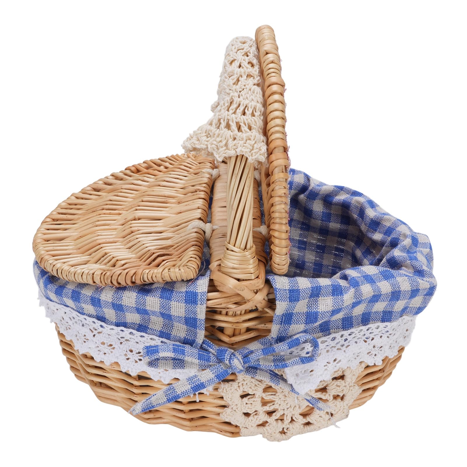 Panier de Pique-Nique en Osier avec Couvercle et Poignée, Panier de Pique-Nique pour la Cueillette de Légumes de Camping, Couvercle à Double Ouverture et Doublure Amovible (Plaid Bleu)