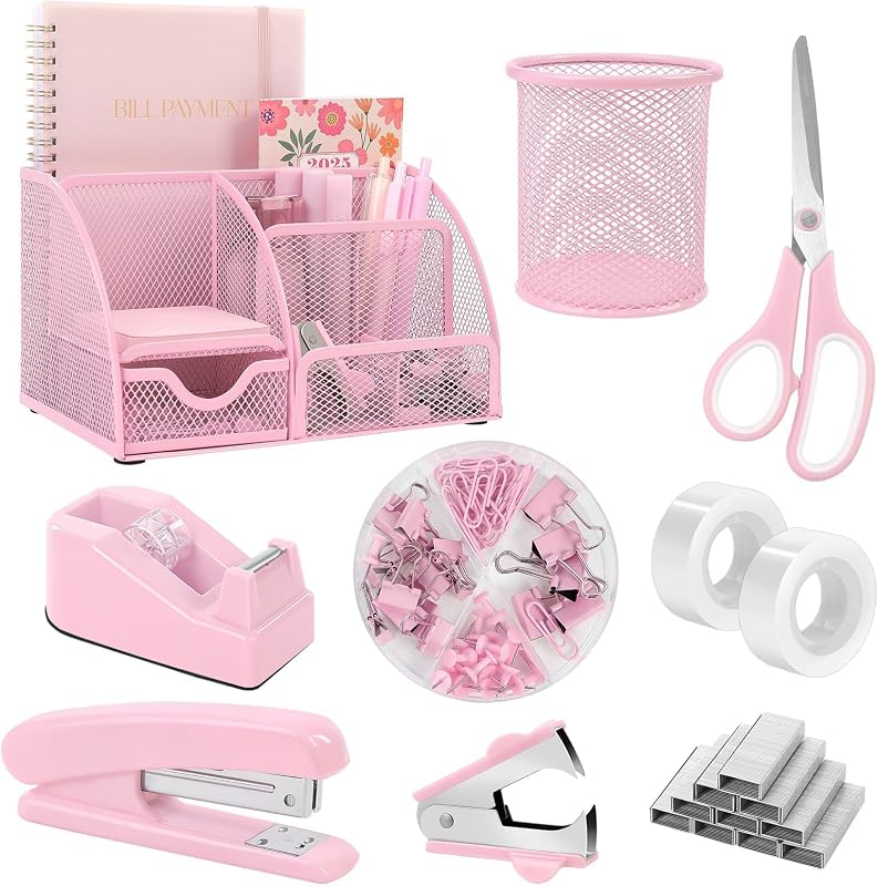 SKYDUE Pink Desk Accessories, Pink Office Supplies Set | Mesh Desk Organizer, Stapler, Tape Dispenser, Scissors, Binder/Paper Clips and 1000pcs Staples, Desk Organizer for Women