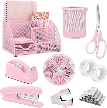 SKYDUE Pink Desk Accessories, Pink Office Supplies Set, Mesh Desk Organizer, Stapler, Tape Dispenser, Scissors, Binder/Paper Clips and 1000pcs Staples, Desk Organizer for Women, Gifts