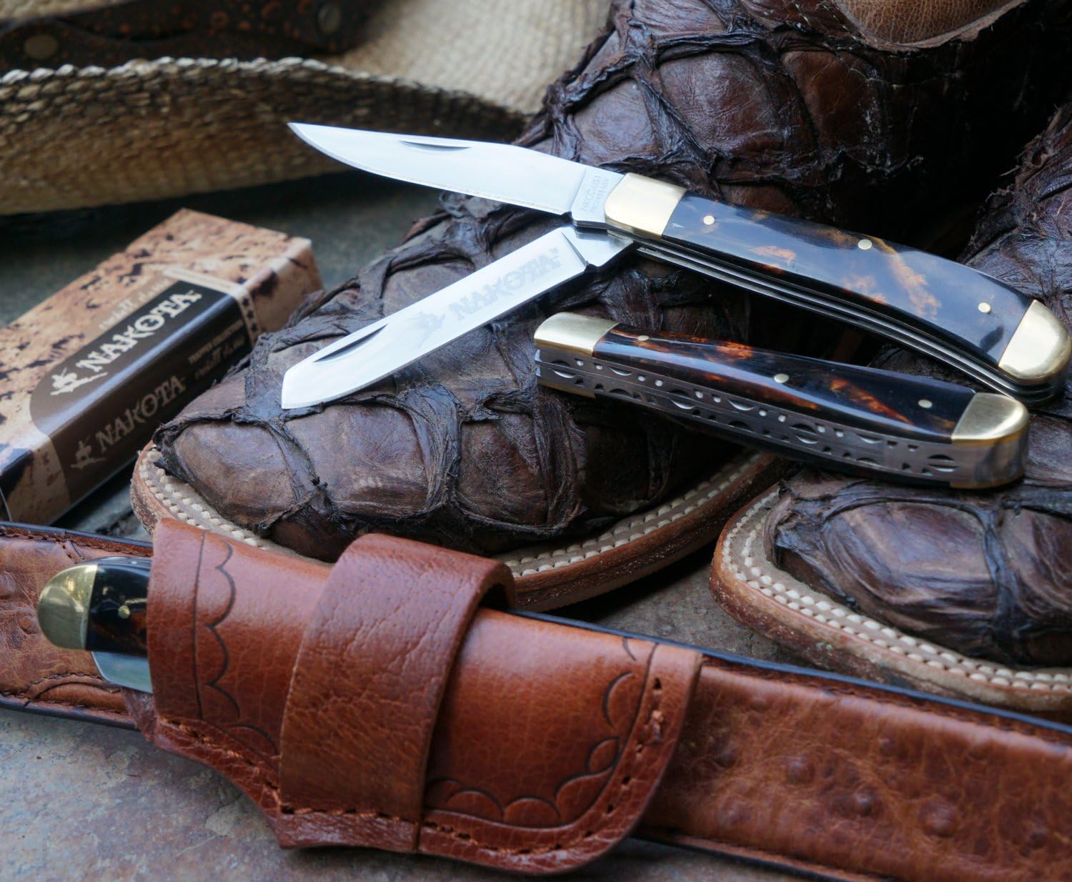 Crockett Classic 2-Blade Trapper (PocketKnife with Premium Sideways Leather Sheath) Petrified Tiger Eye Amber Handle Style, Artistic Spine, Polished Steel, Lifetime Guarantee