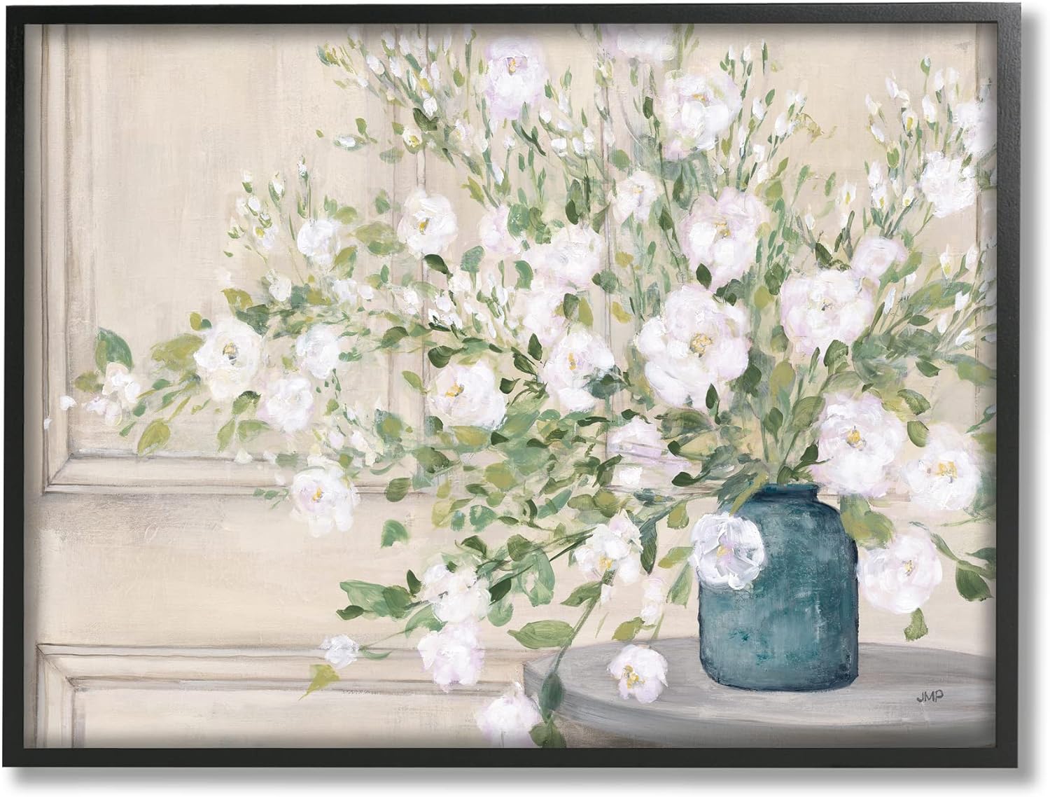 Stupell Industries Geranium Tabletop Country Still Life Painting Blooming Flowers, Designed by Julia Purinton Black Framed Wall Art, 30 x 24, Beige