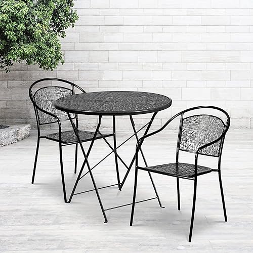 Miniatura 2 de Flash Furniture Juego de mesa redonda de acero plegable para interiores y exteriores de 30 pulgadas de grado comercial con 2 sillas redondas con