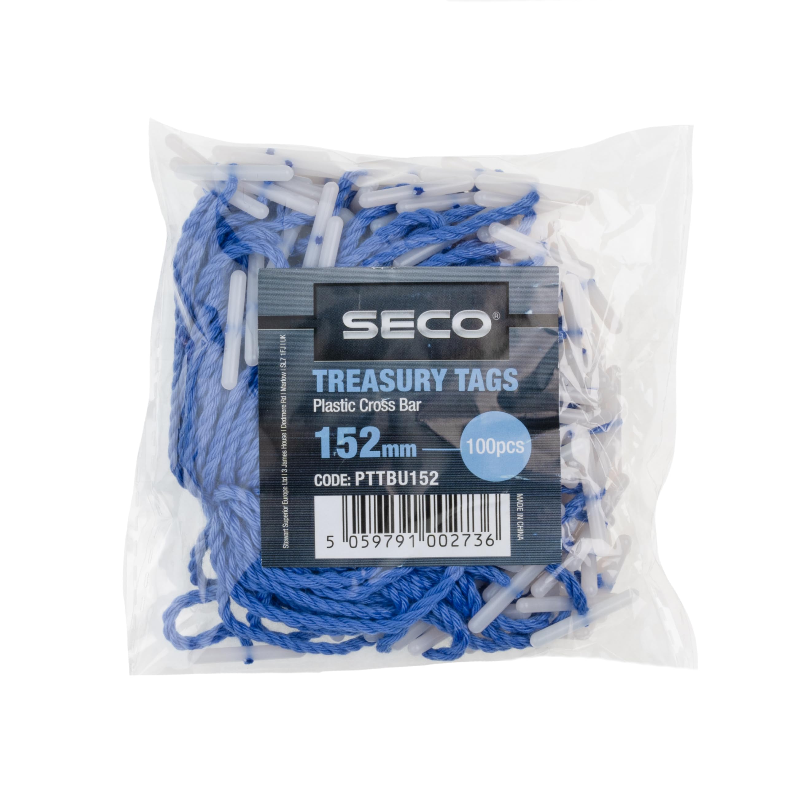 Seco Plastic Cross Bar Treasury Tags, 152mm Pack of 100 - Blue