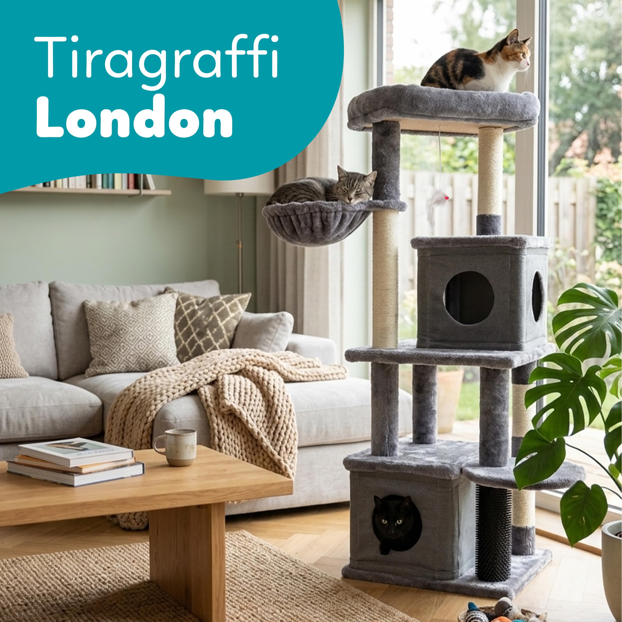 Aqpet Tiragraffi XL a Torre in Sisal e tessuto con Cucce per il riposo, Alto 125 cm per il massimo divertimento del tuo gatto, Colore Grigio