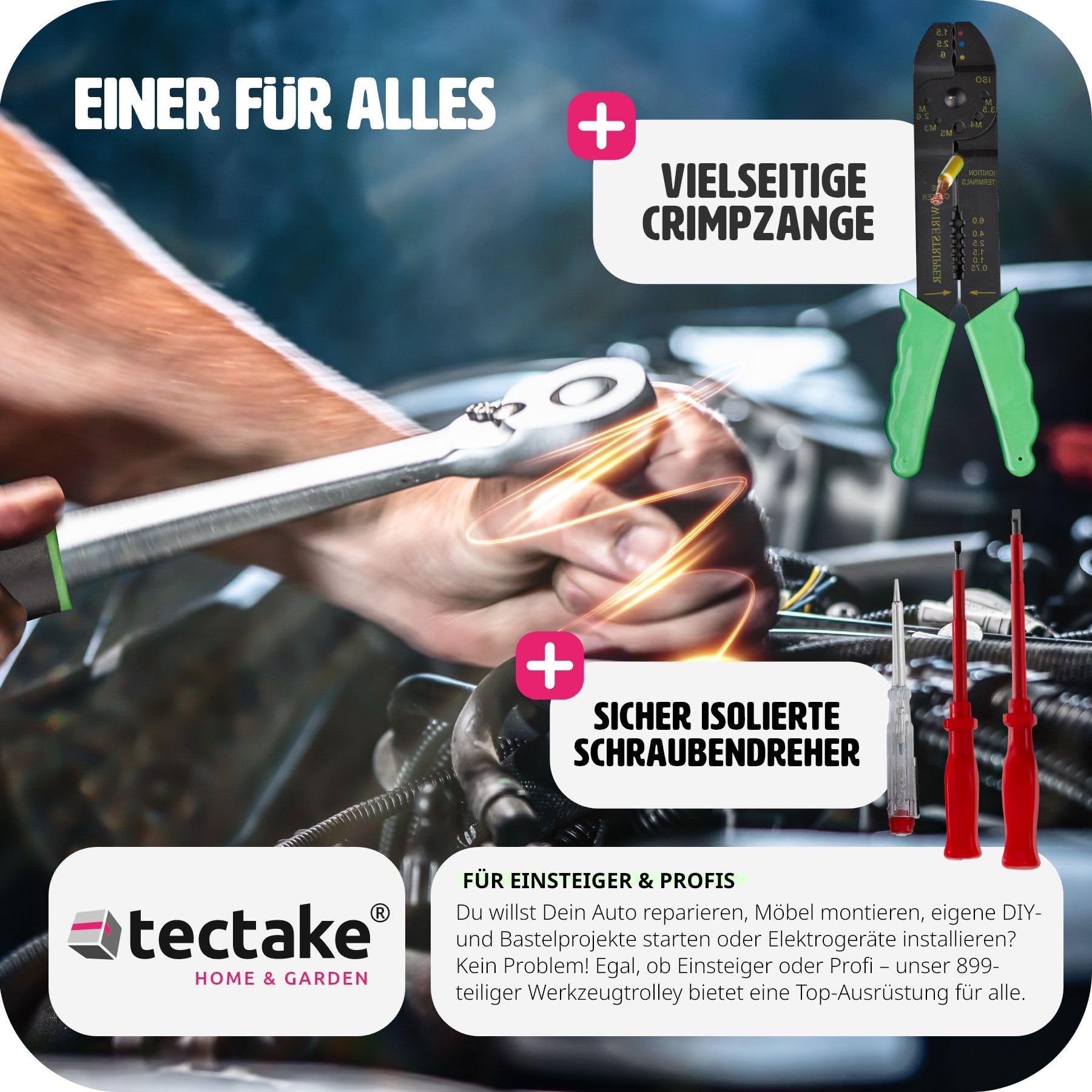 tectake® Werkzeug Set im Aluminium Koffer, Werkzeugkoffer gefüllt 899-tlg., Tool Werkzeugwagen fahrbar, Trolley mit 4 Schubladen, Teleskopgriff, Werkzeugkiste groß für Profi und Haushalt - schwarz