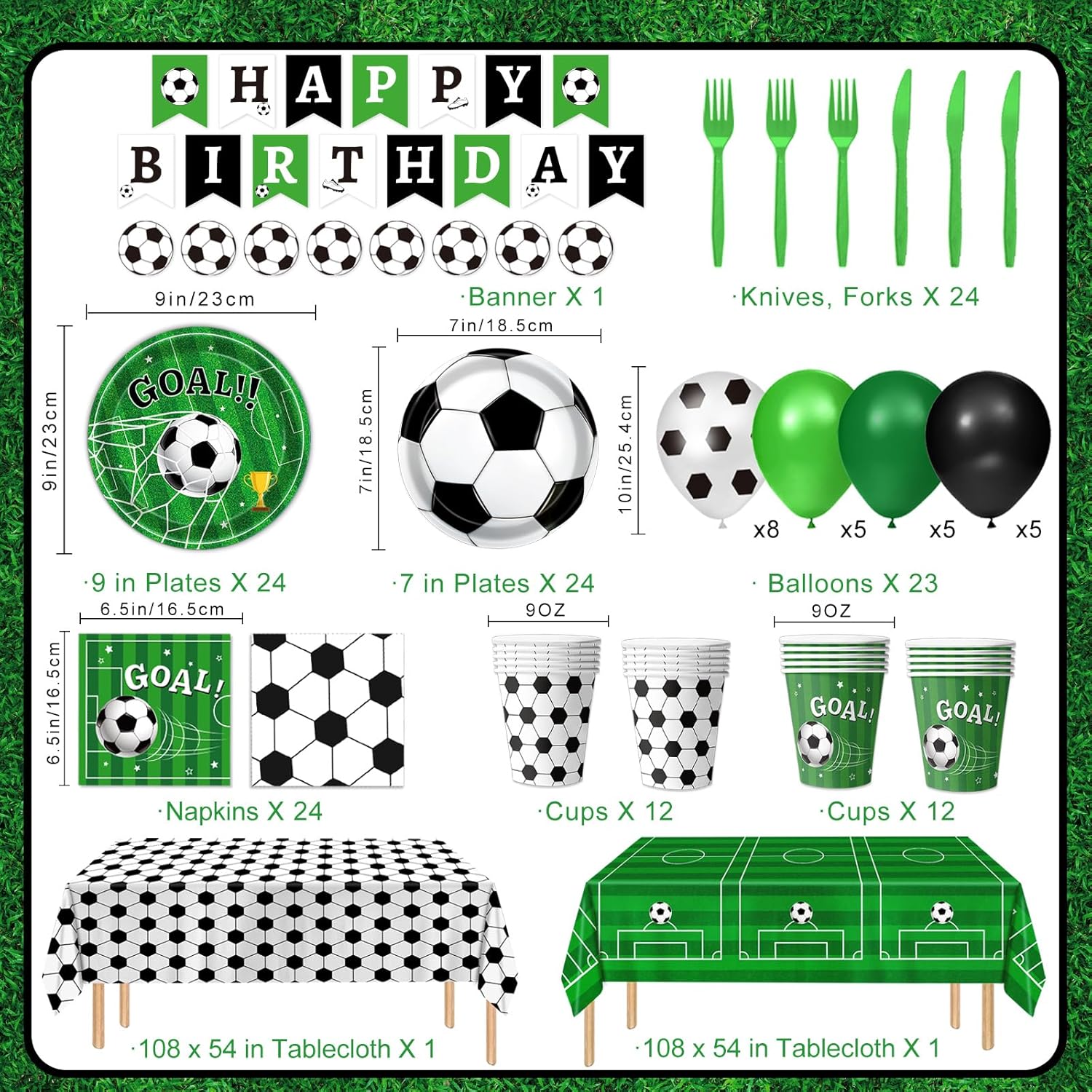 170 PCS Soccer Party Decorations, Soccer Birthday Party Decorations - Includes Plates, Napkins, Cups, Banner, Balloons, Tablecloth, Knives, Forks for Sports Soccer Theme Party Decorations, Serve 24 - Image 2
