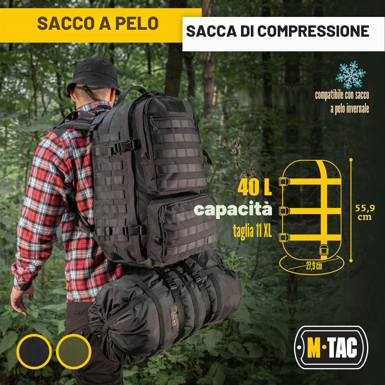 M-Tac Sacco a pelo a compressione, militare, impermeabile, leggero, in nylon, per viaggi, campeggio, escursionismo, attività all'aperto, 12 litri, taglia M