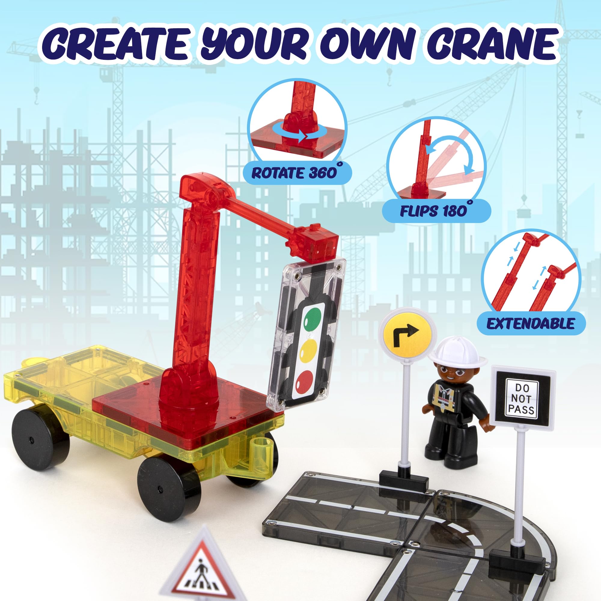Playmags 52-Piece City Construction Magnetic Tiles Set, Building Blocks with Crane & Road Pieces - Image 3