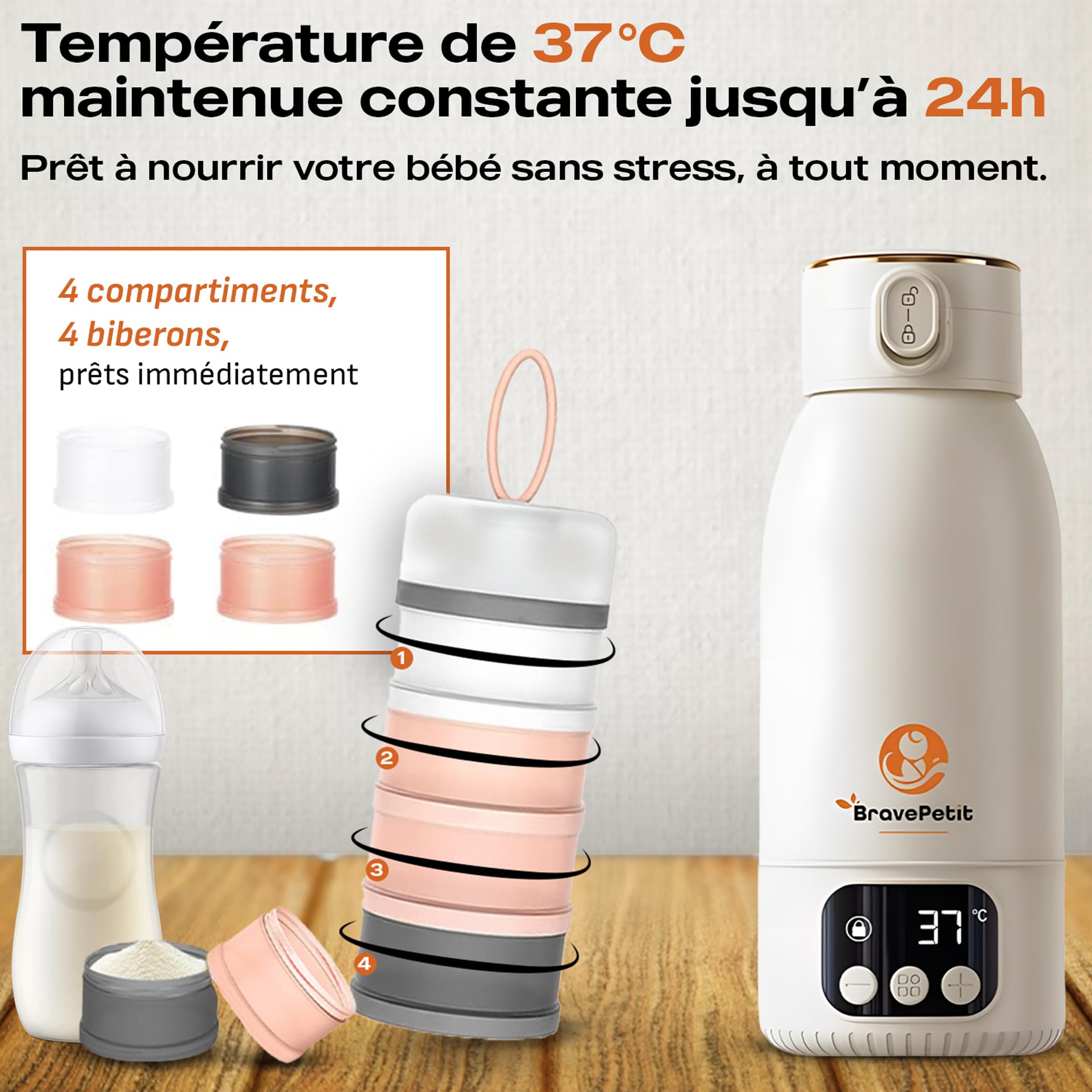 Chauffe-Biberon Portable Nomade, Chauffe Rapide Eau ou Lait, Autonomie Longue Durée, Recharge USB-C, Capacité 500ml, Boîte Doseuse 4 Compartiments, Idéal Voyage & Voiture