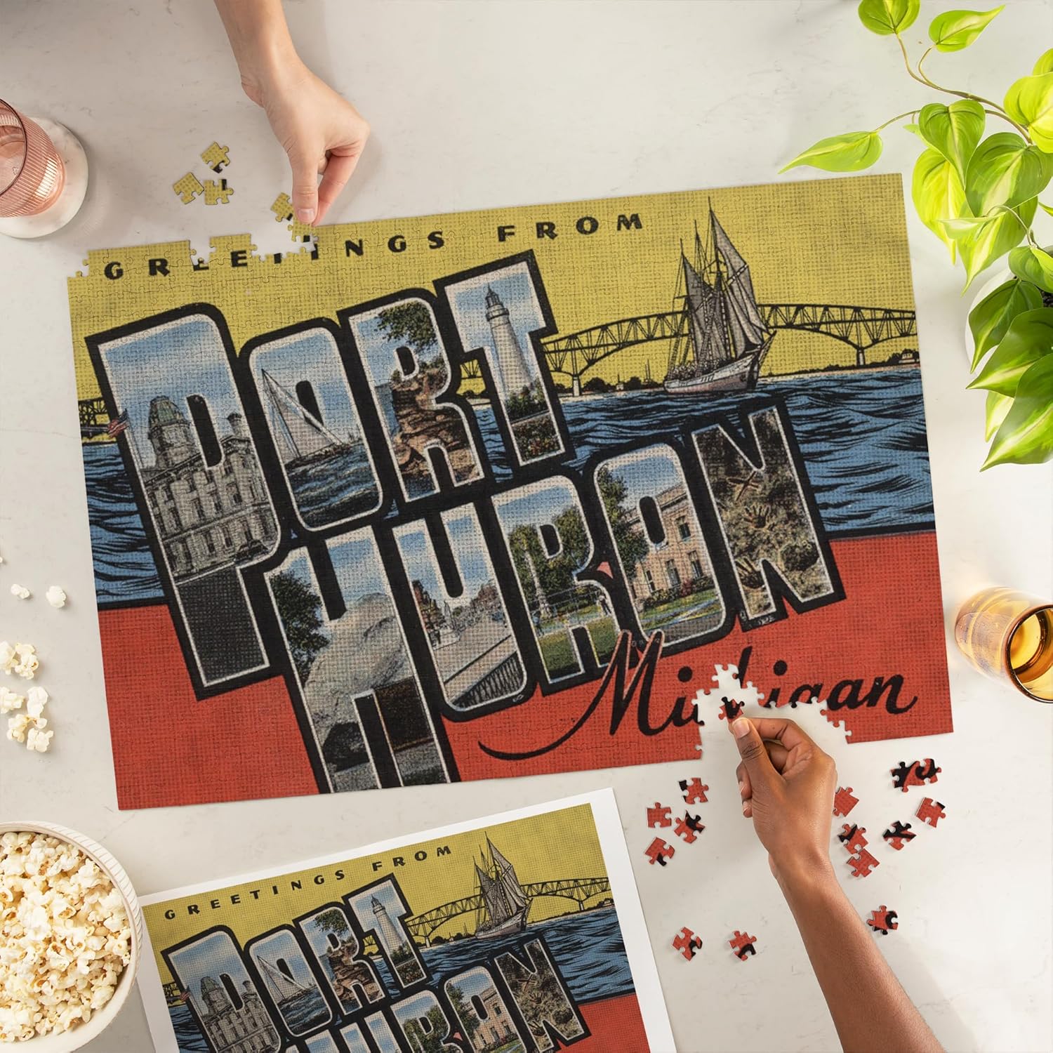 Lantern Press Greetings from Port Huron, Michigan (Yellow/Red) 1000 Piece Jigsaw Puzzle for Adults, Made in USA with Reference Poster