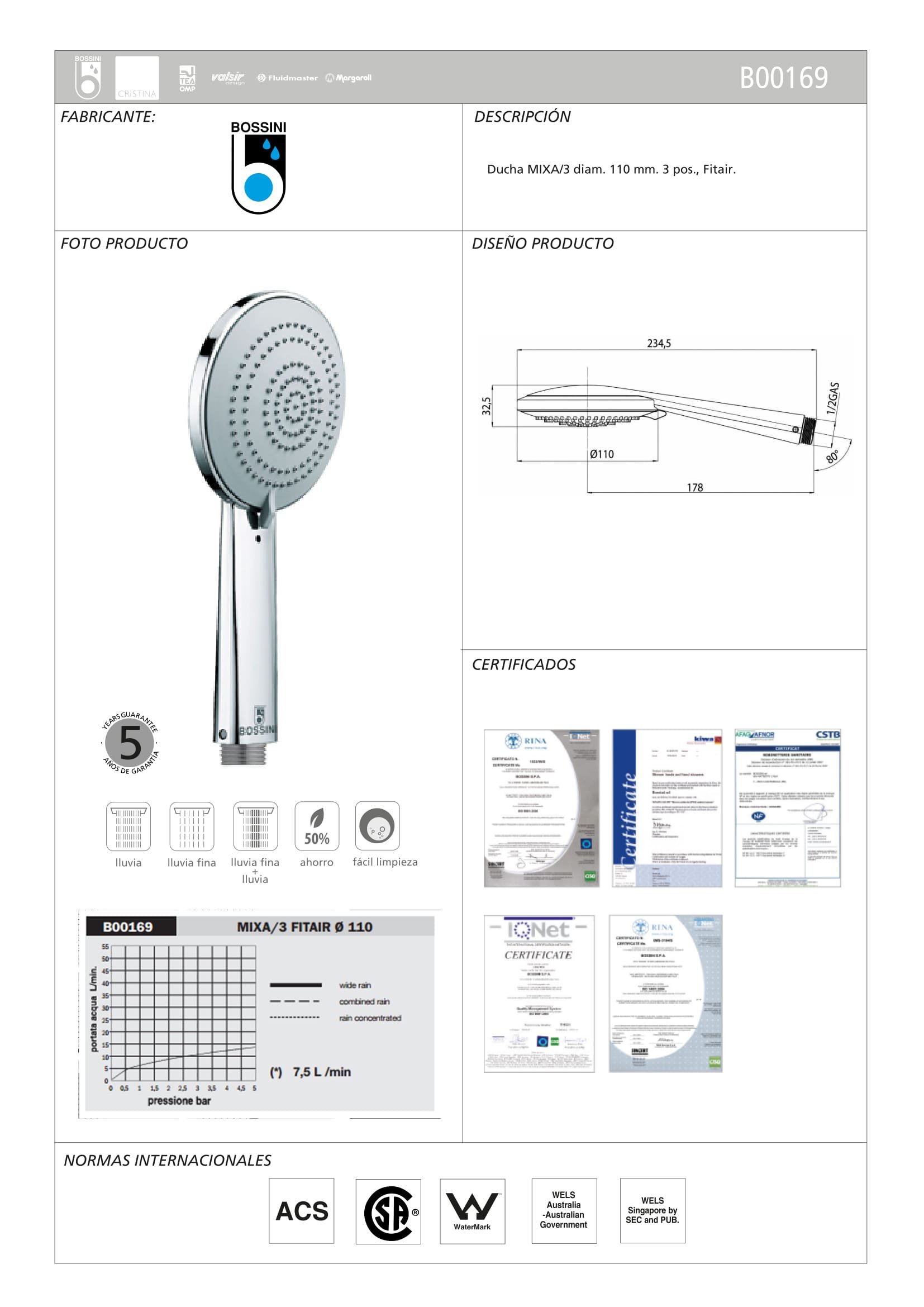 Bossini - Doccetta Bossini B00169 Mixa/3 Fitair Ø 110 Mm