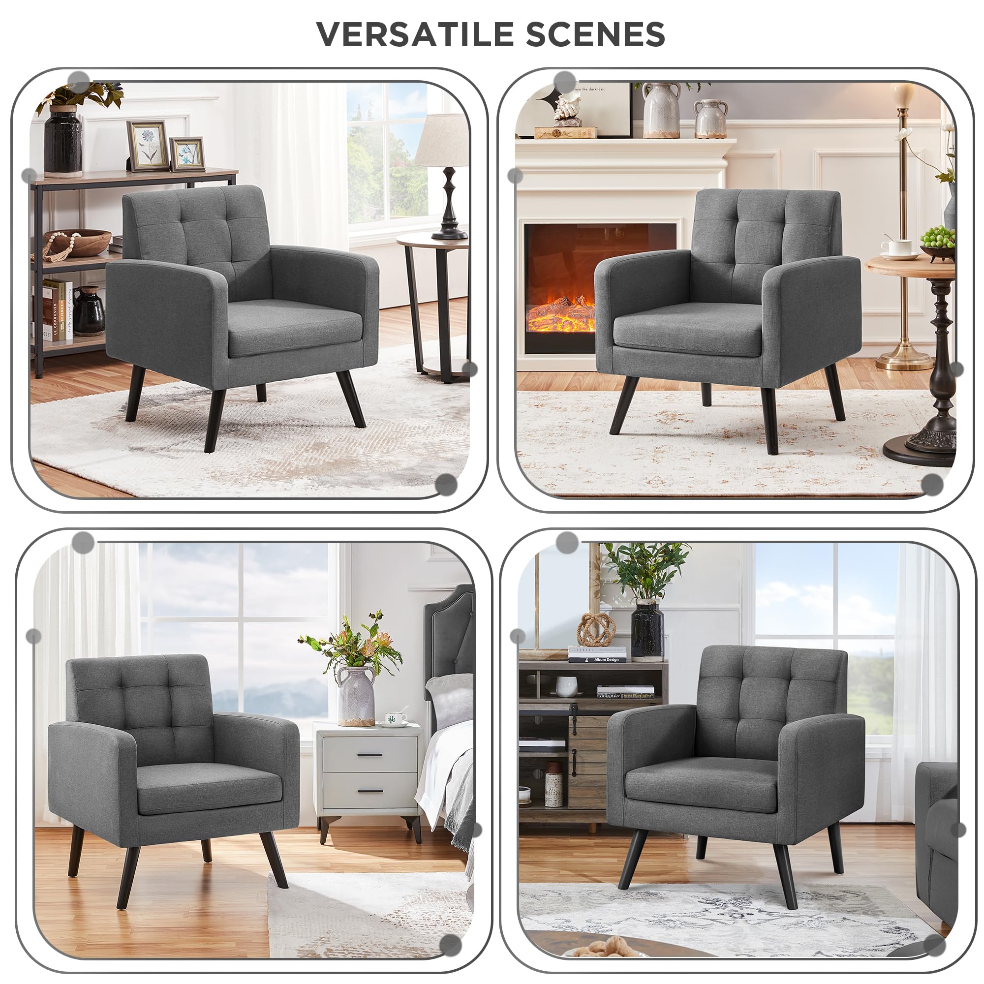 Yaheetech Ohrensessel Sessel mit Armlehnen, Lounge-Sessel Relaxsessel mit getufteter Rückenlehne, Modern Sessel bis136 KG belastbar, für Wohnzimmer, Schlafzimmer, bis136 KG belastbar, Grau