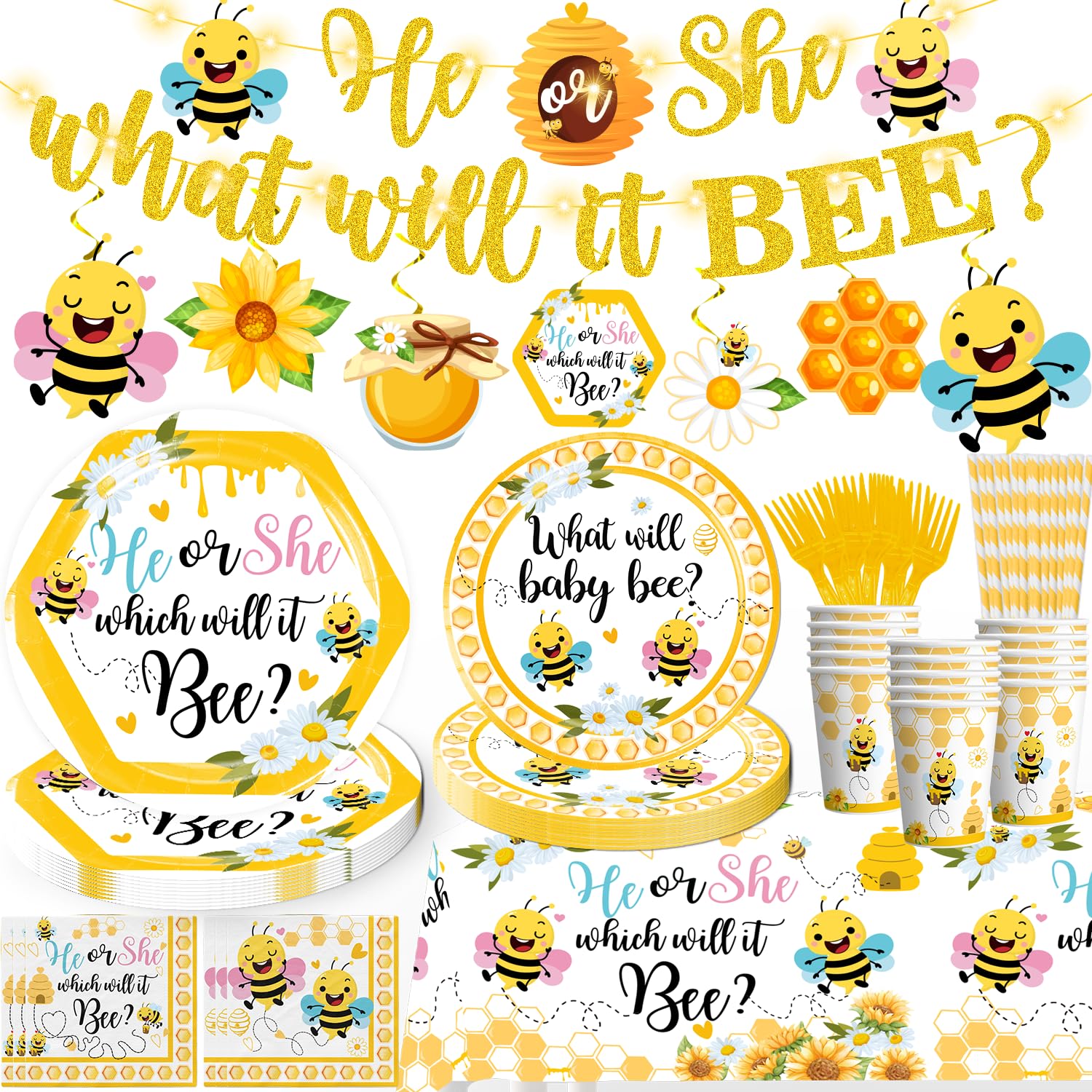 168pcs What Will it Bee Gender Reveal Decorations Tableware Set, Bee Gender Reveal Decorations Include Banner, Plates, Cups, Napkins, Tablecloth, Bee Party Decorations for Baby Shower, Serve 25