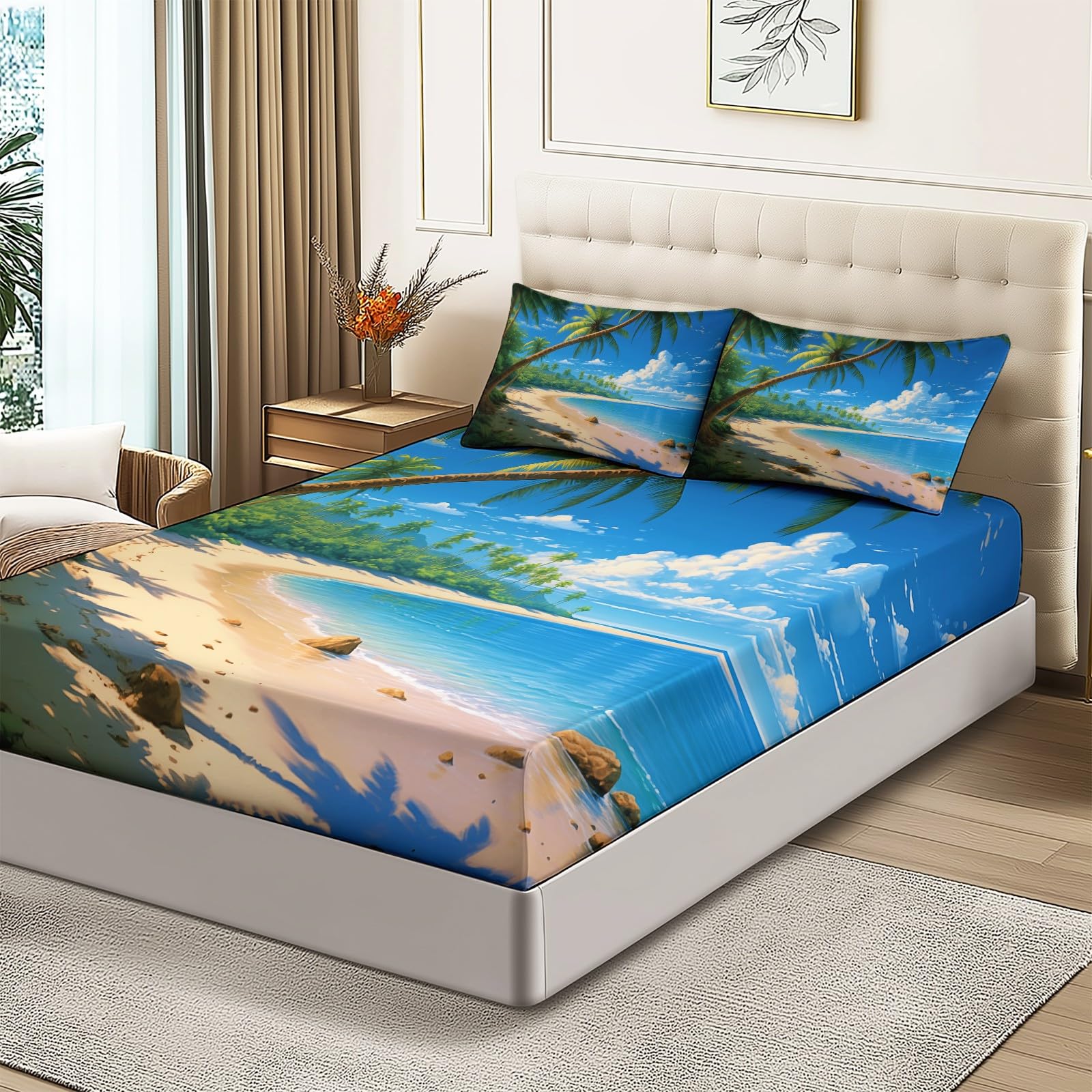 Completo letto Matrimoniale con lenzuolo sopra morbido e confortevole (160x190x30 cm) e 2 federa, motivo Spiaggia Palme Palme Da Cocco, in microfibra spazzolata 100%, senza rughe e anallergico, Blu