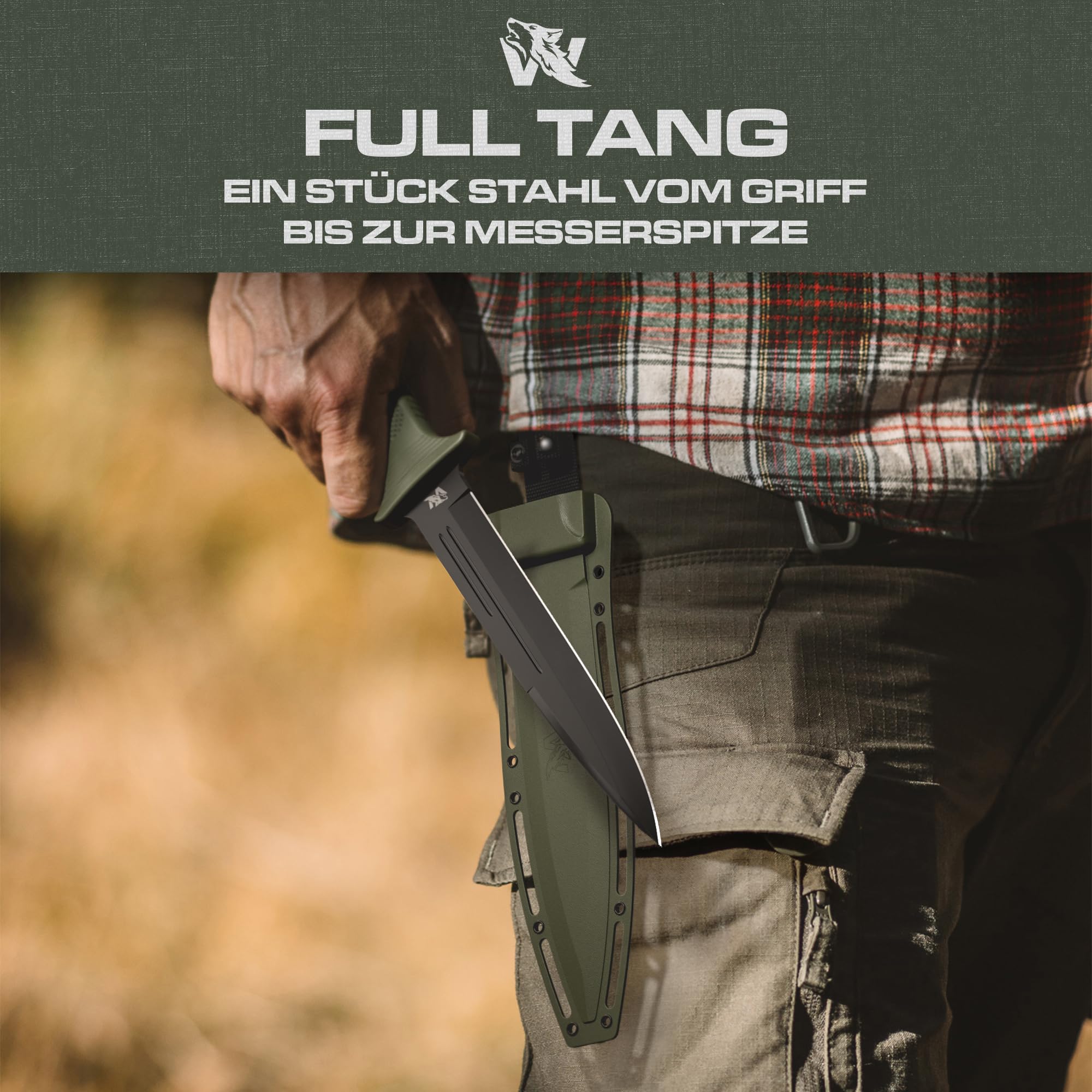 ODENWOLF W Catcher - Großes Jagdmesser aus D2-Stahl - Großes Feststehendes Messer mit Scheide - Einschneidiges Schwert mit TPE-Griff - Full Tang Survival Messer für Outdoor Aktivitäten